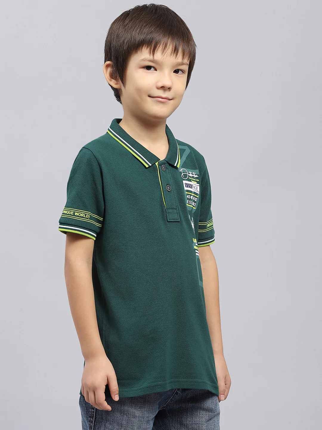 Boys Green Printed Collar Half Sleeve T-Shirt - Image 4
