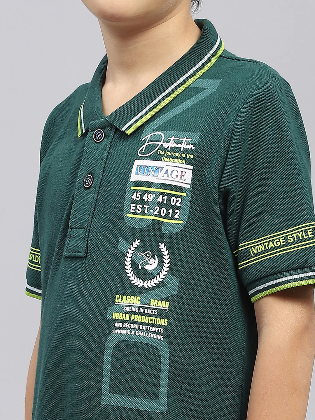 Boys Green Printed Collar Half Sleeve T-Shirt - Image 6