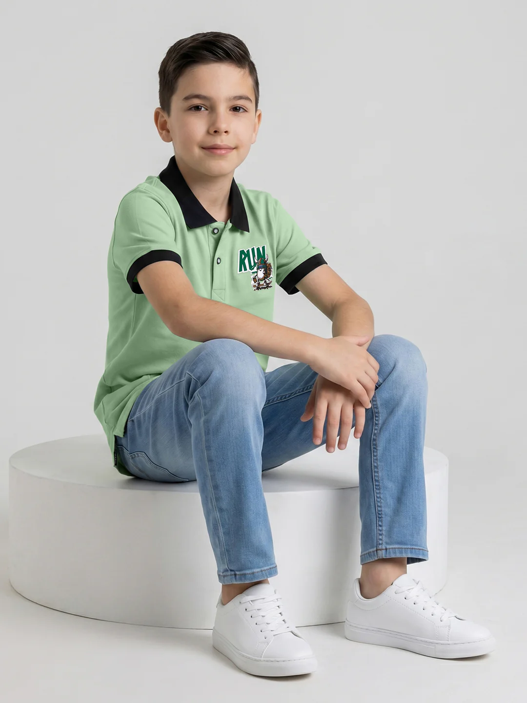 Boys Green Printed Collar Half Sleeve T-Shirt - Image 4