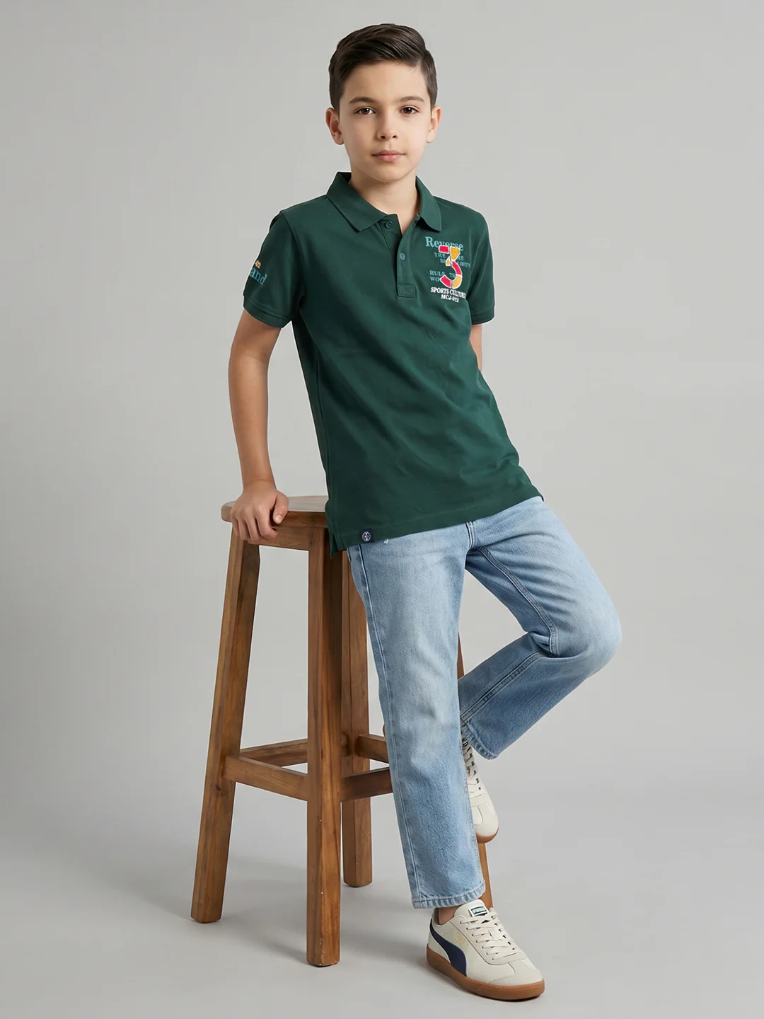Boys Green Printed Collar Half Sleeve T-Shirt - Image 4