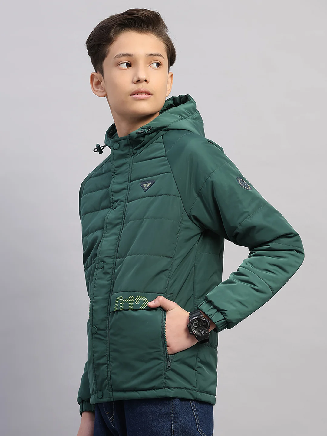 Boys Green Printed Hooded Full Sleeve Jacket - Image 3