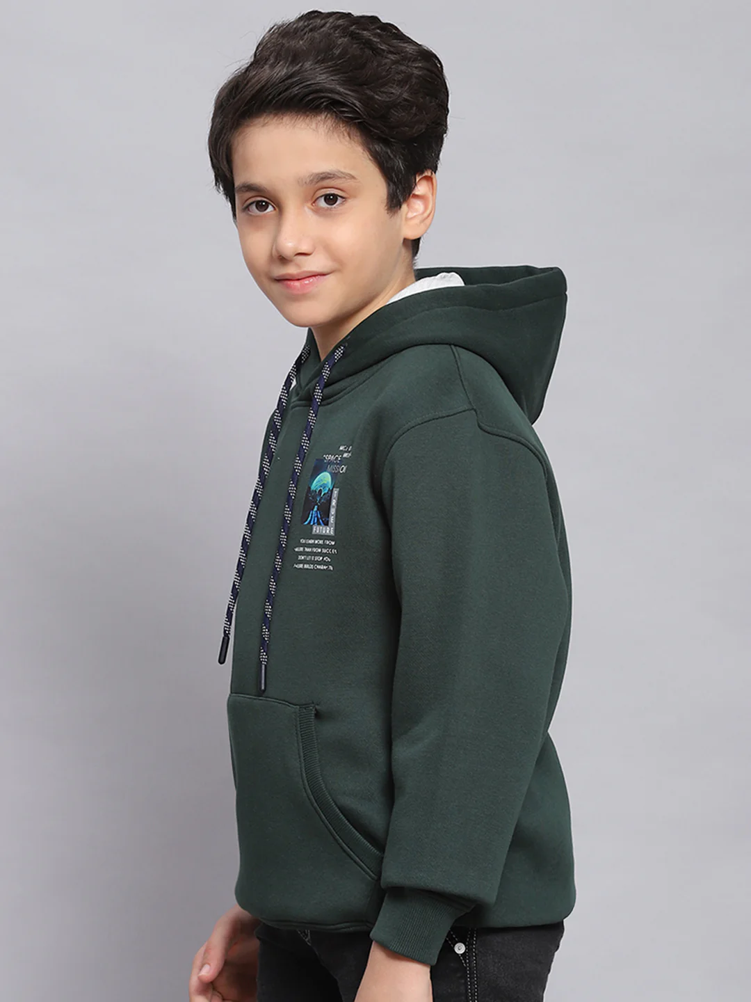 Boys Green Printed Hooded Full Sleeve Sweatshirt - Image 3