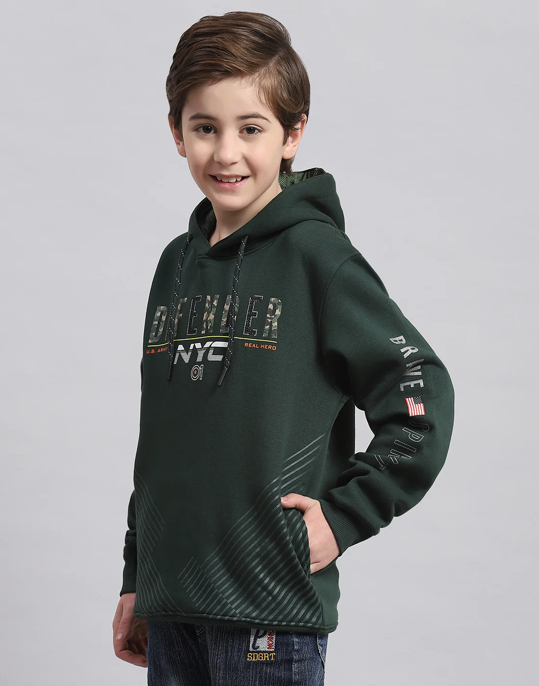 Boys Green Printed Hooded Full Sleeve Sweatshirt - Image 3