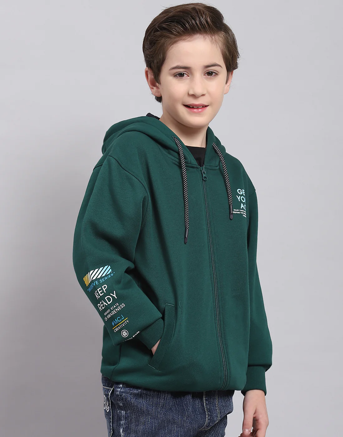 Boys Green Printed Hooded Full Sleeve Sweatshirt - Image 4