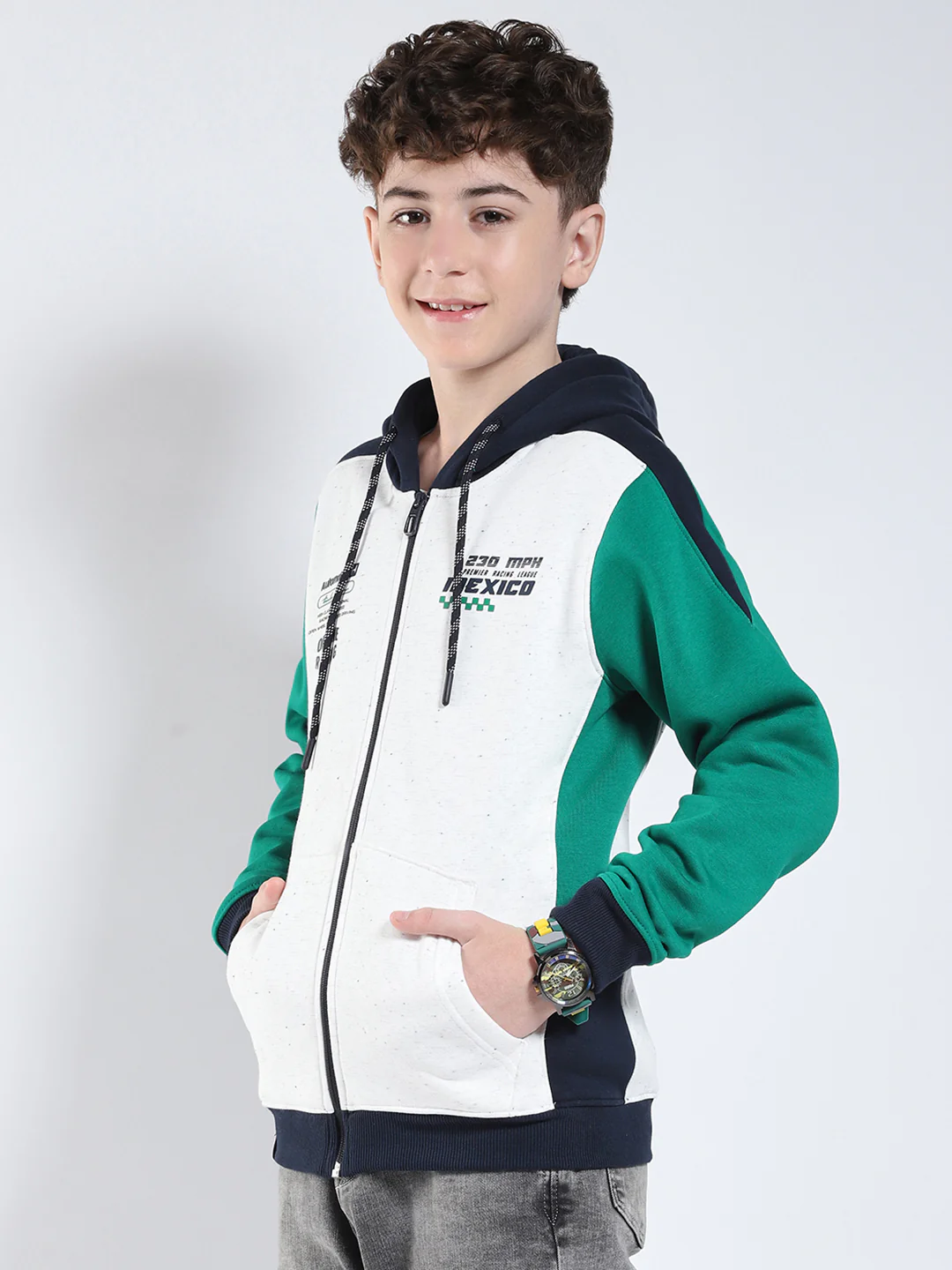 Boys Green Printed Hooded Full Sleeve Sweatshirt - Image 3