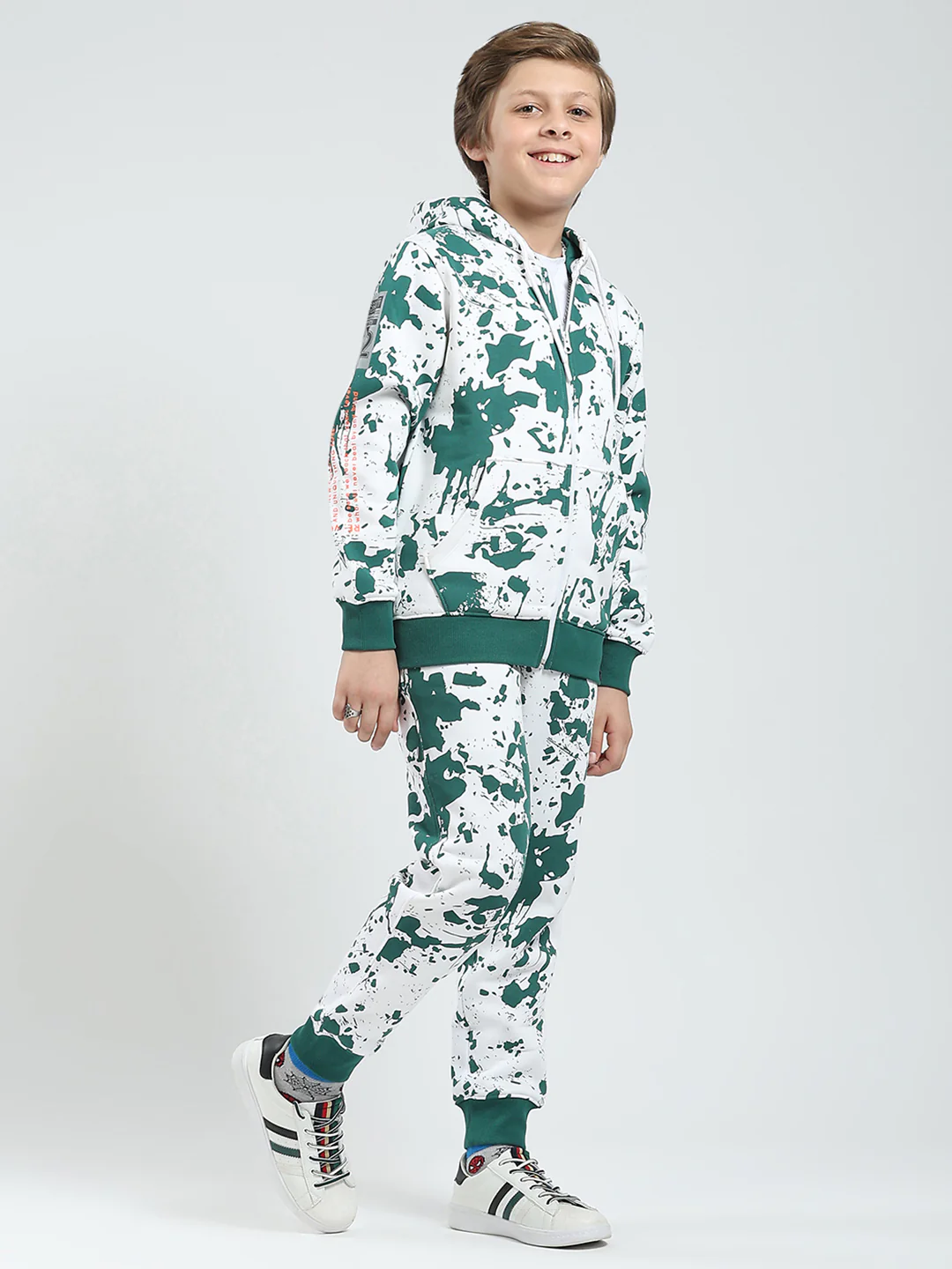 Boys Green Printed Hooded Full Sleeve Tracksuit - Image 4