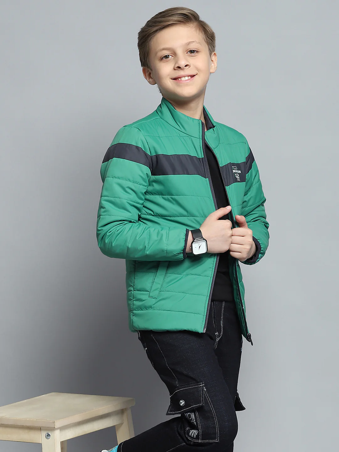 Boys Green Printed Mock Neck Full Sleeve Jacket - Image 6