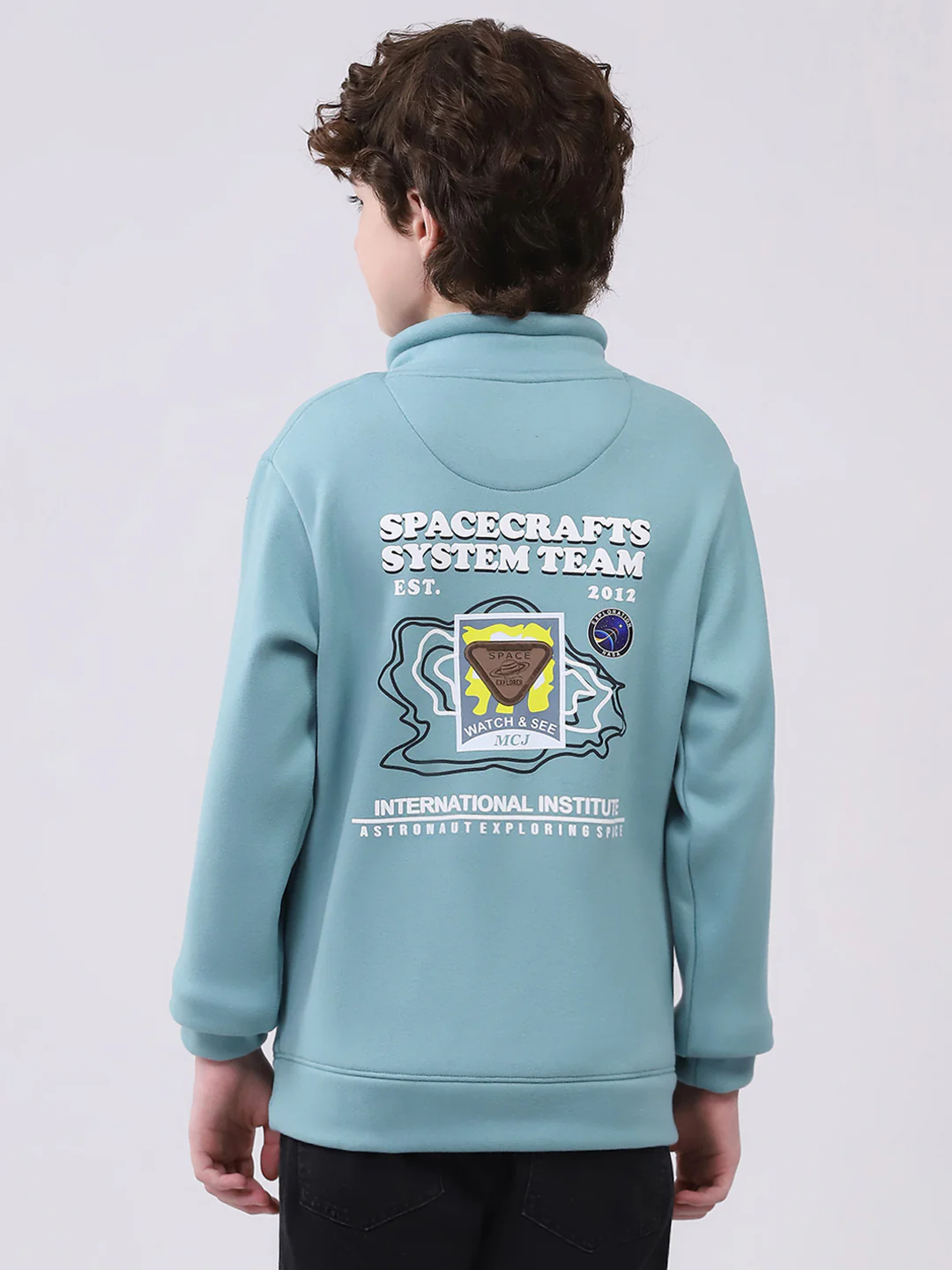Boys Green Printed Mock Neck Full Sleeve Sweatshirt - Image 5