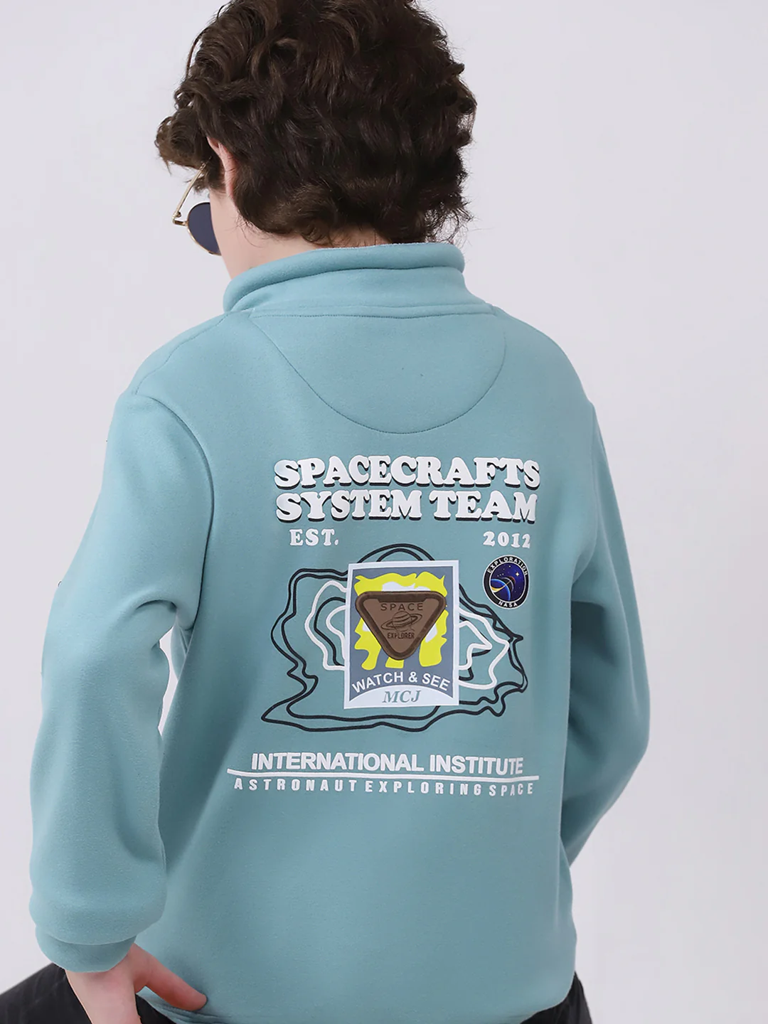 Boys Green Printed Mock Neck Full Sleeve Sweatshirt - Image 6