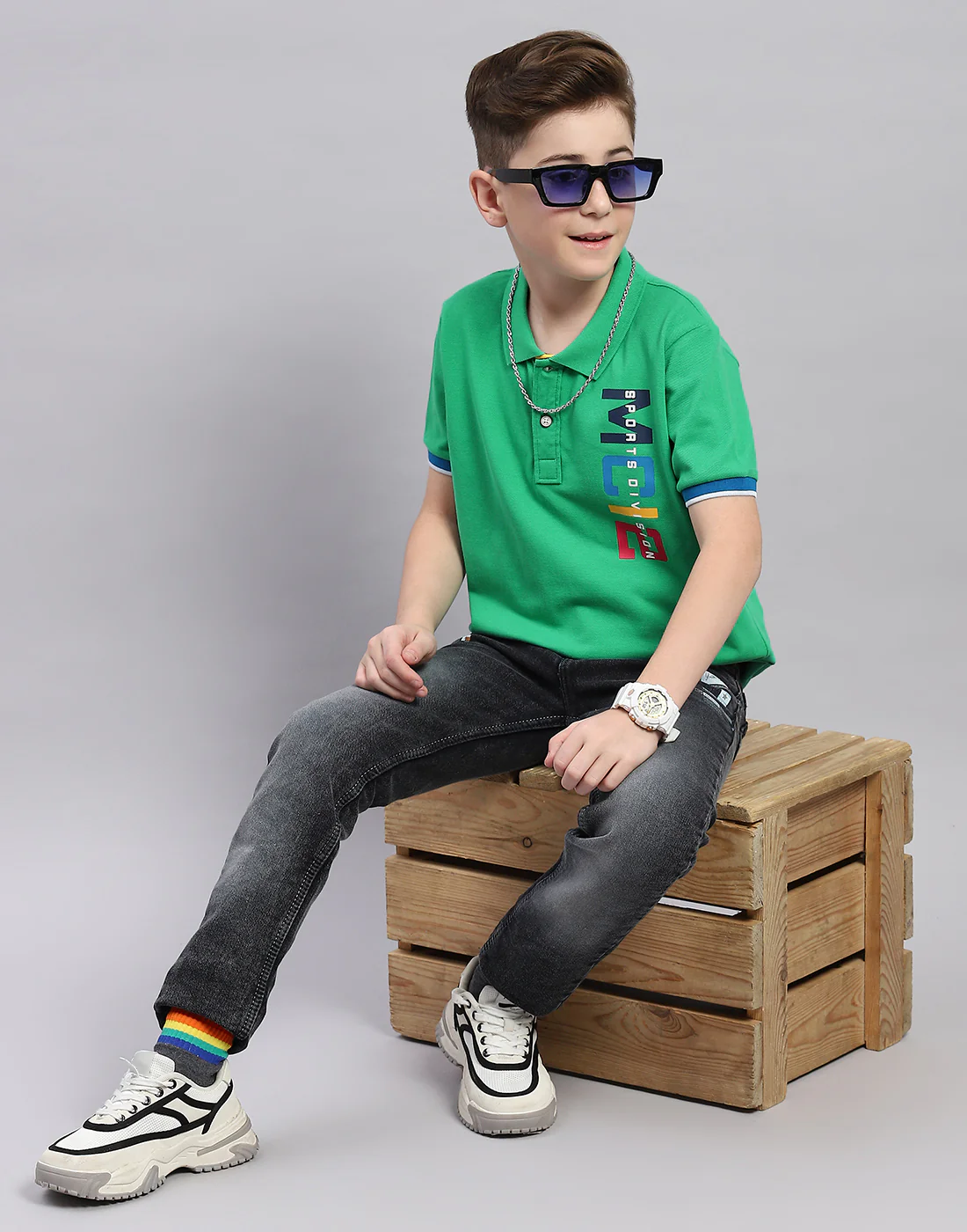 Boys Green Printed Polo Collar Half Sleeve T-Shirt - Image 2