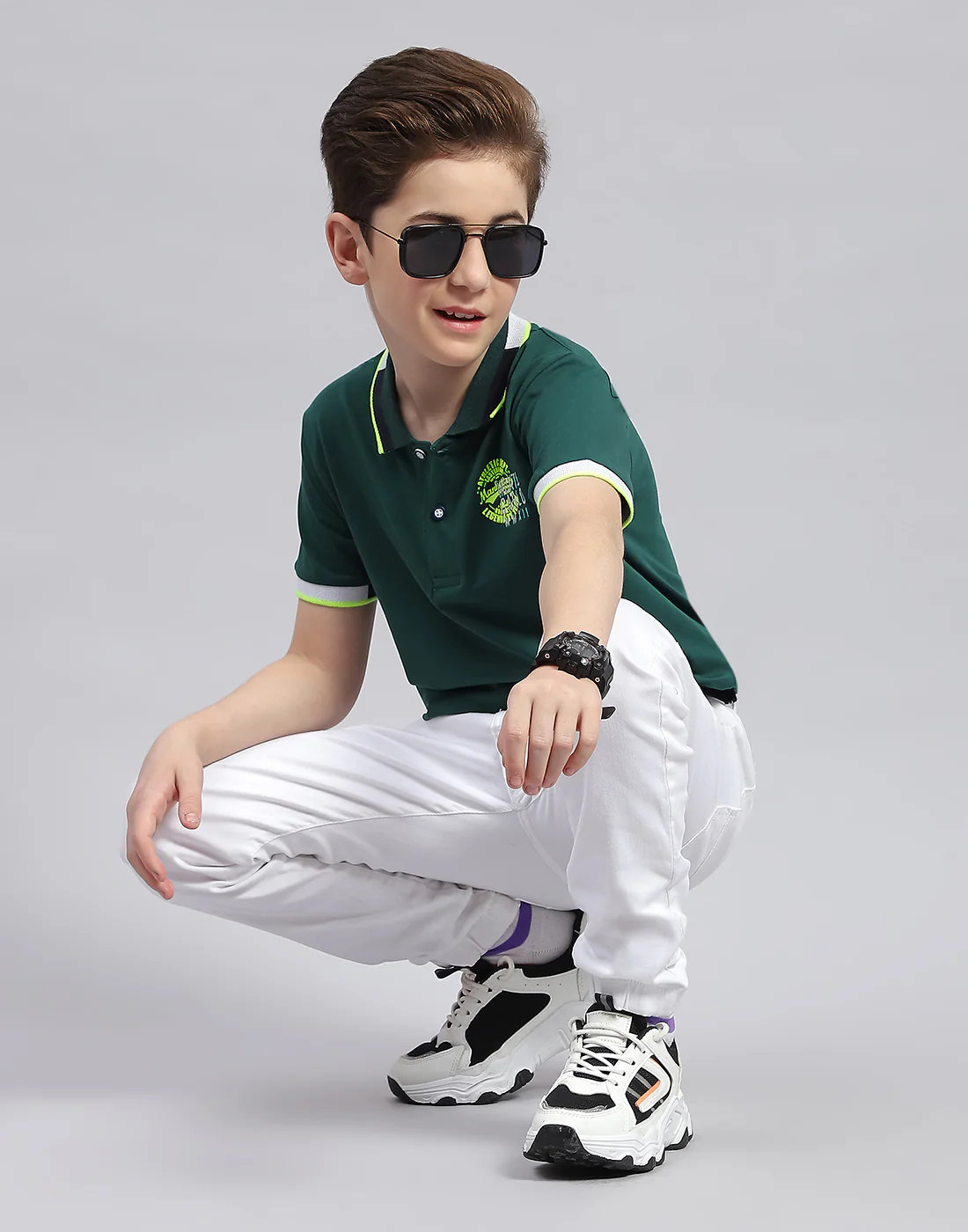 Boys Green Printed Polo Collar Half Sleeve T-Shirt - Image 6