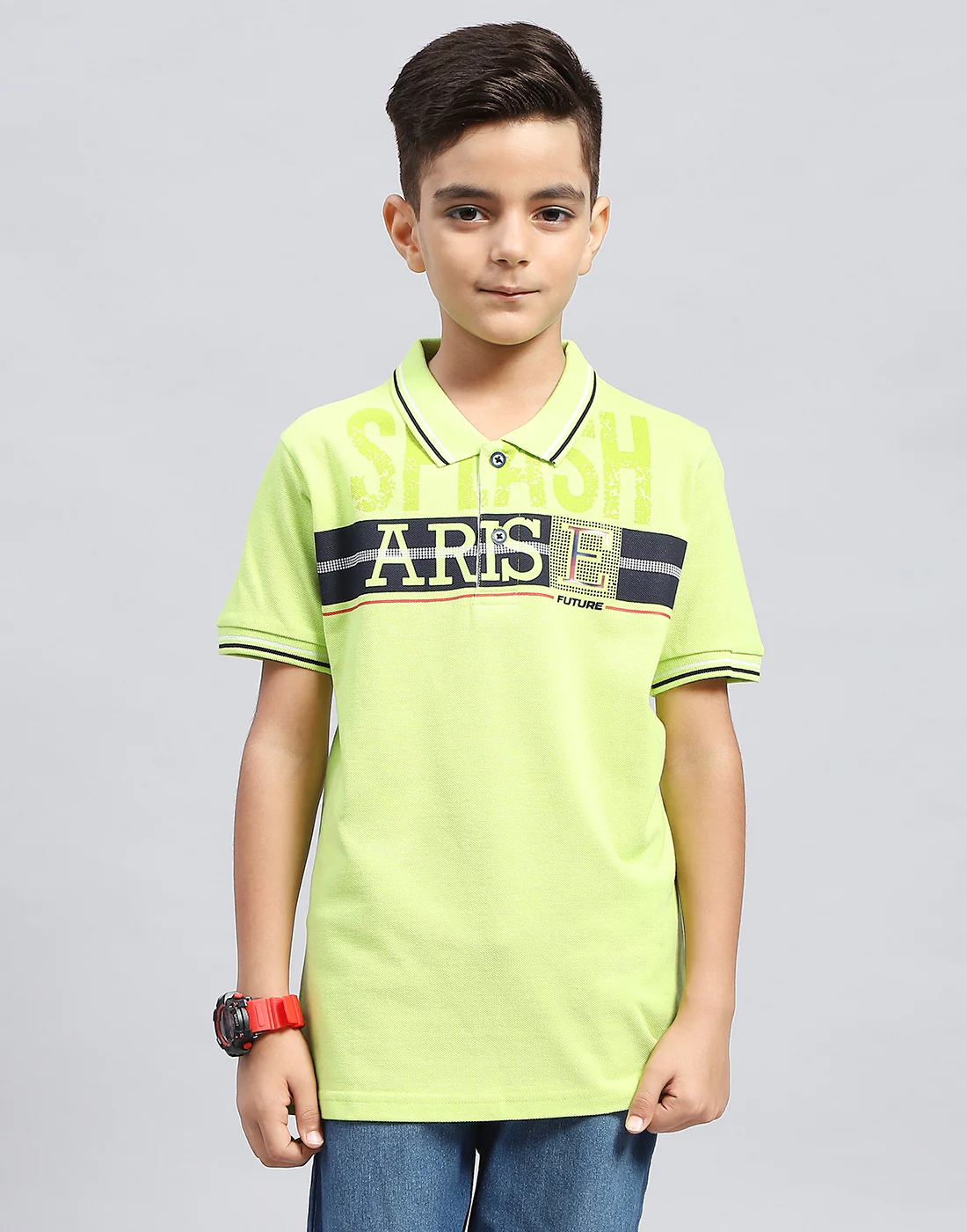 Boys Green Printed Polo Collar Half Sleeve T-Shirt - Image 3