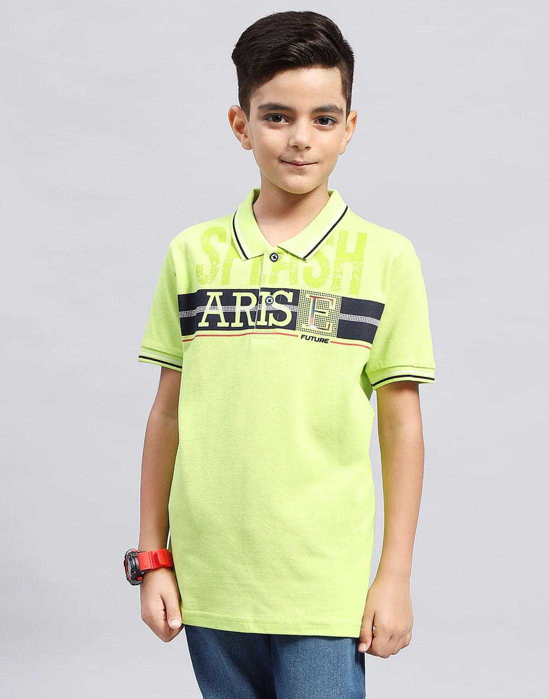 Boys Green Printed Polo Collar Half Sleeve T-Shirt - Image 4