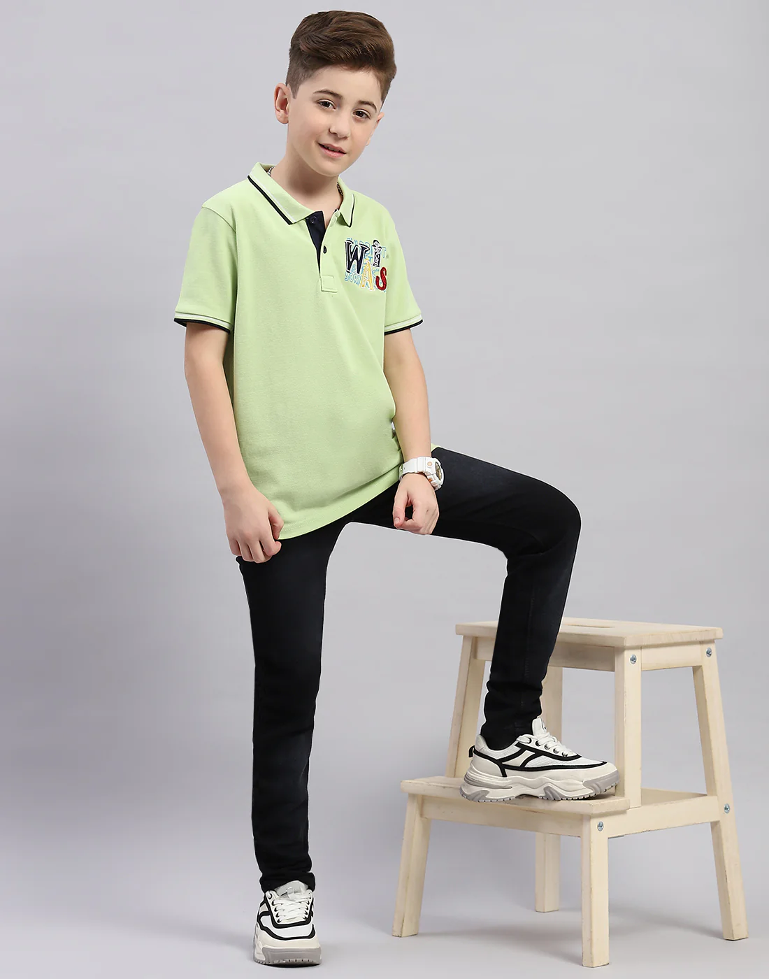 Boys Green Printed Polo Collar Half Sleeve T-Shirt - Image 2