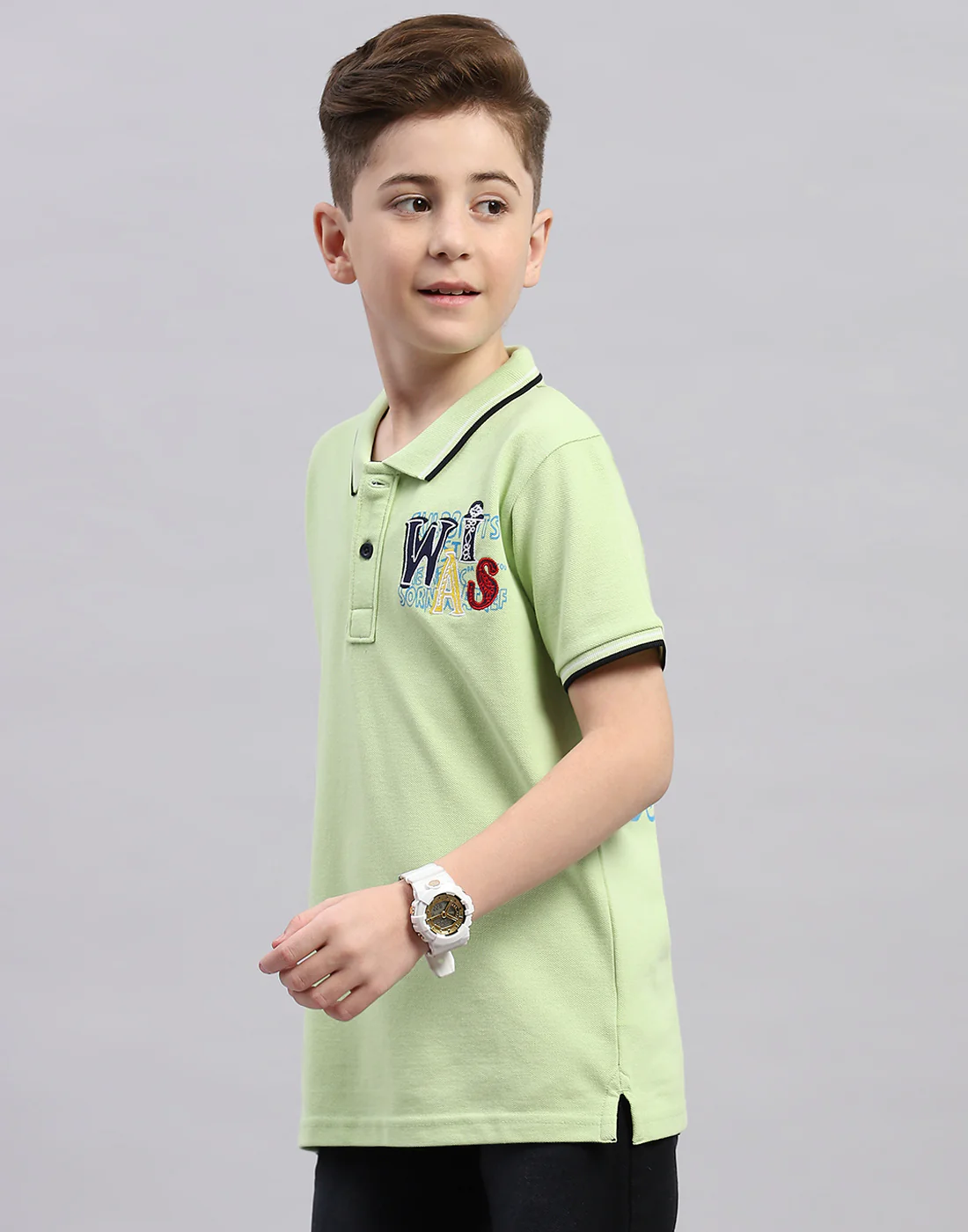 Boys Green Printed Polo Collar Half Sleeve T-Shirt - Image 3