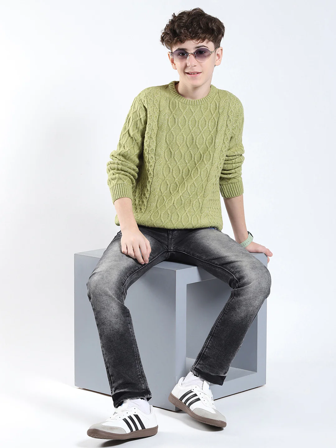 Boys Green Printed Round Neck Full Sleeve Pullover - Image 2