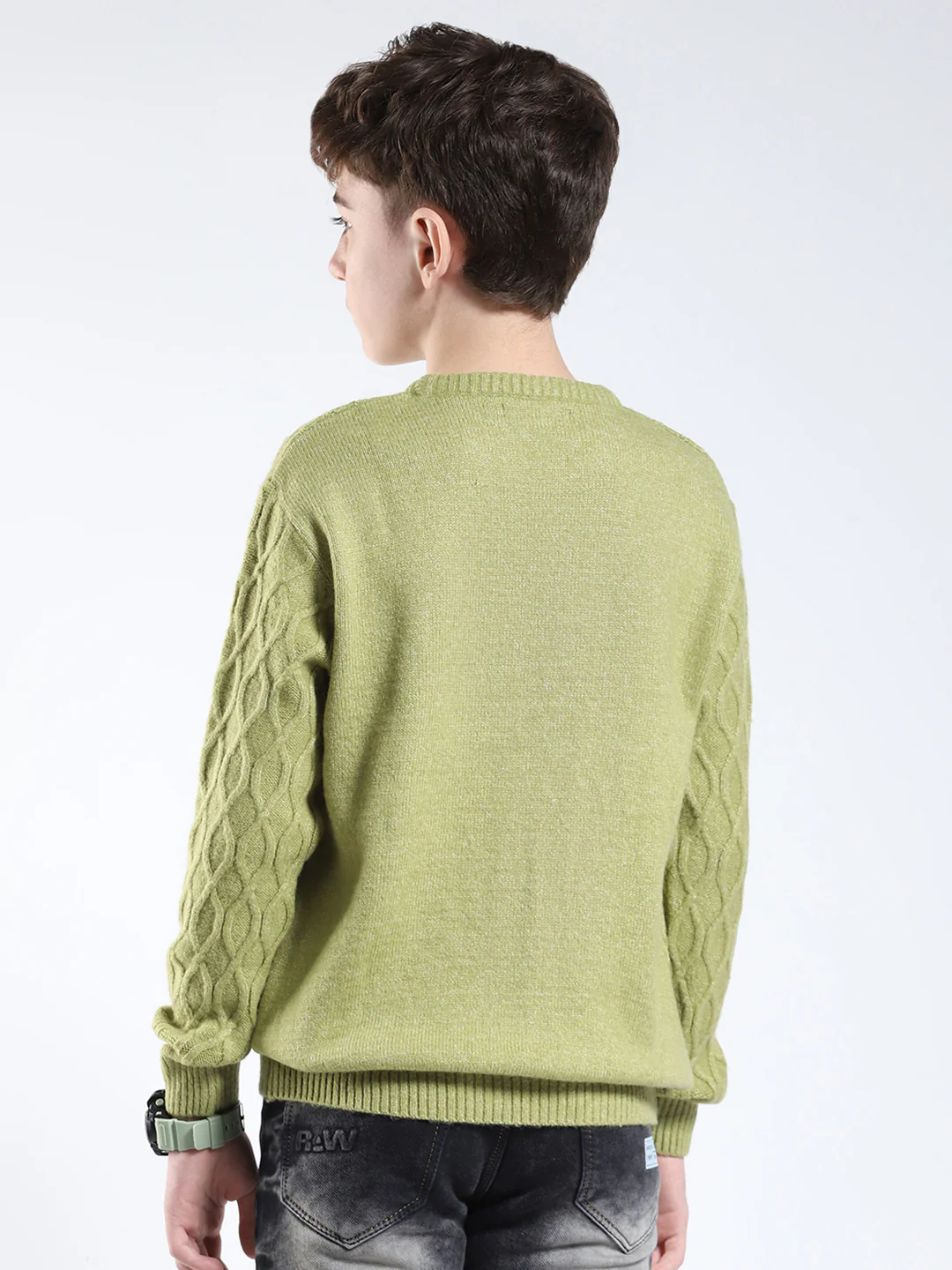 Boys Green Printed Round Neck Full Sleeve Pullover - Image 5