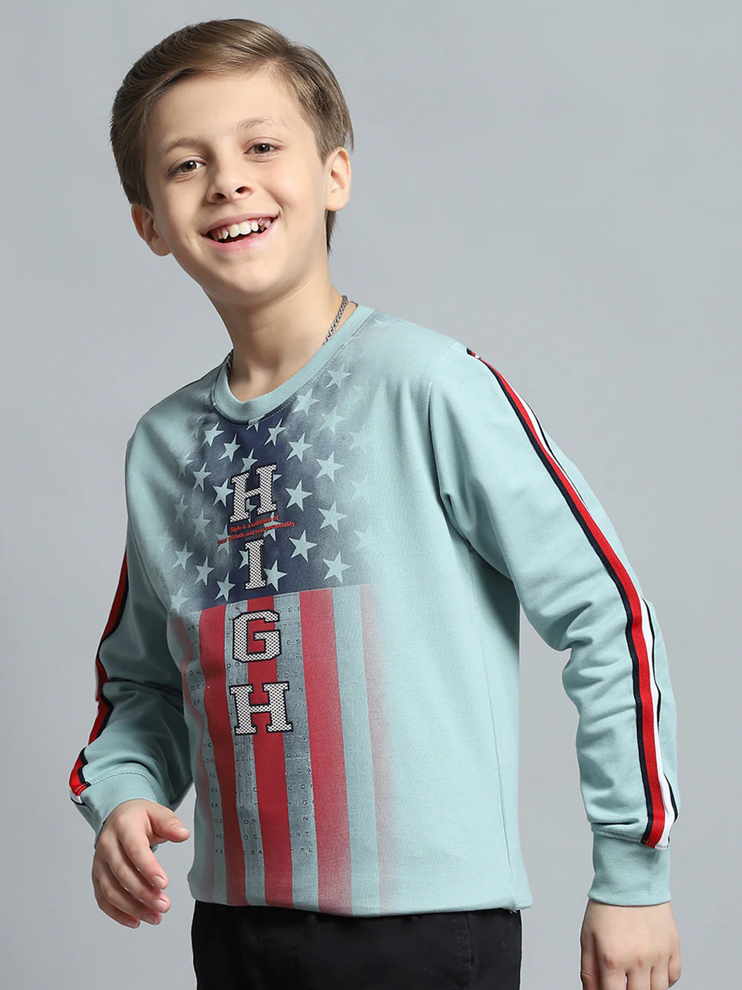 Boys Green Printed Round Neck Full Sleeve Sweatshirt - Image 3