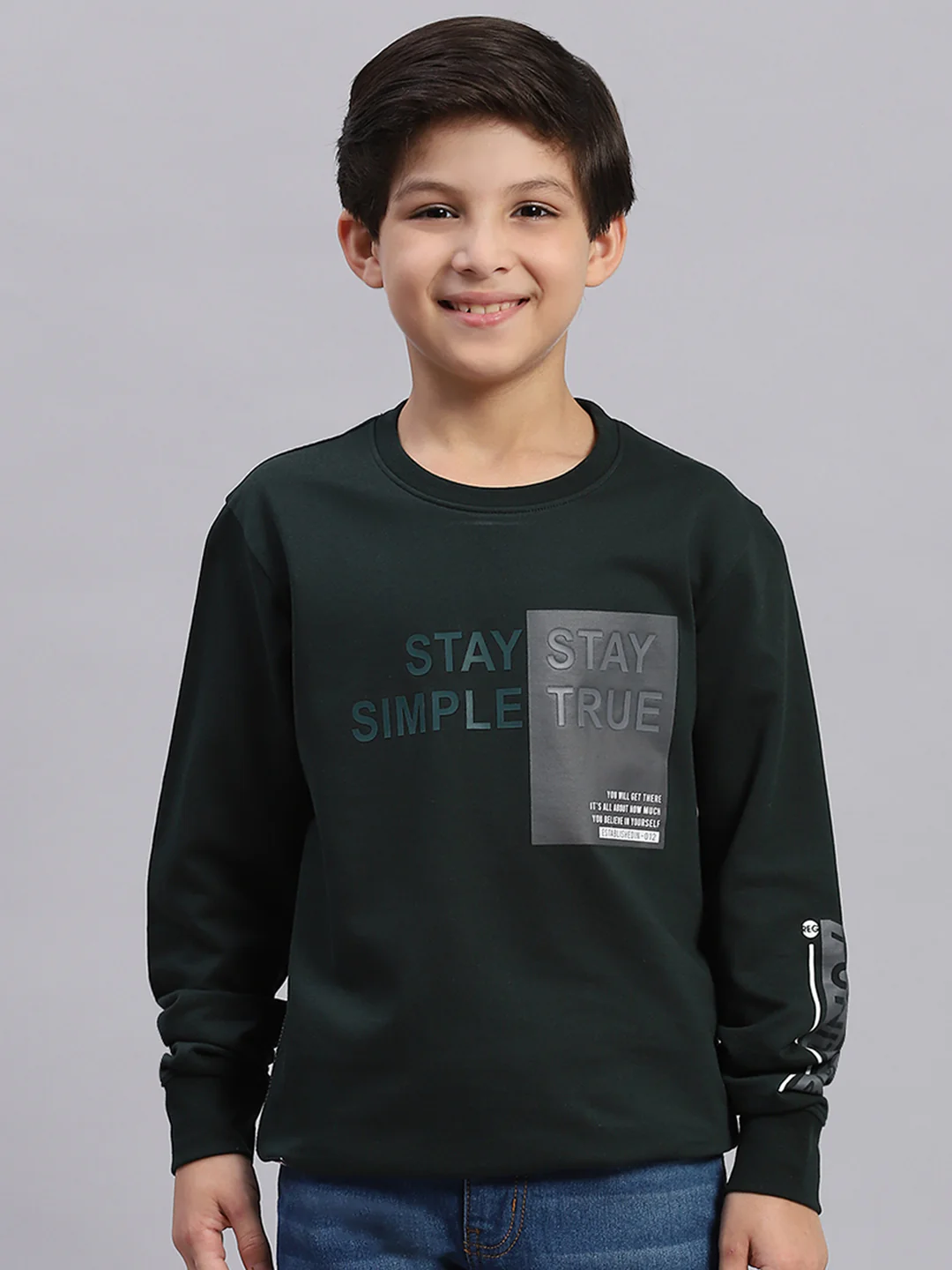 Boys Green Printed Round Neck Full Sleeve Sweatshirt - Image 3