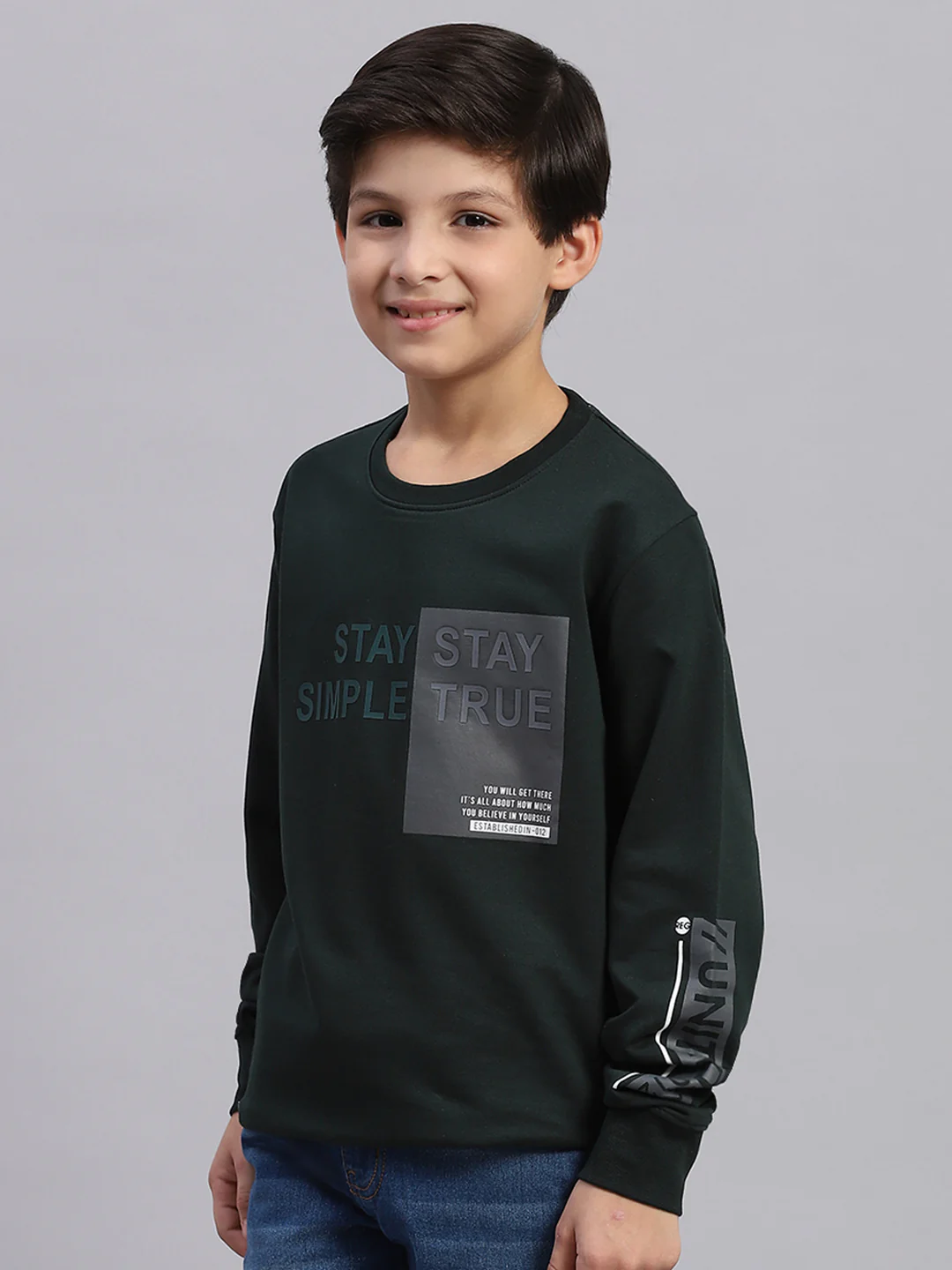 Boys Green Printed Round Neck Full Sleeve Sweatshirt - Image 5