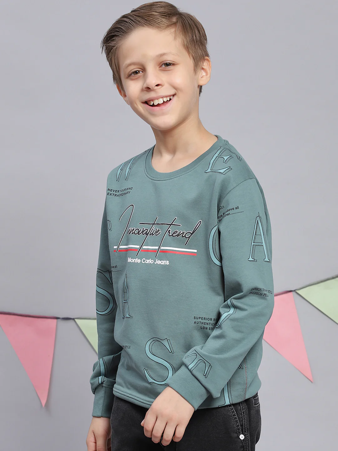 Boys Green Printed Round Neck Full Sleeve Sweatshirt - Image 3