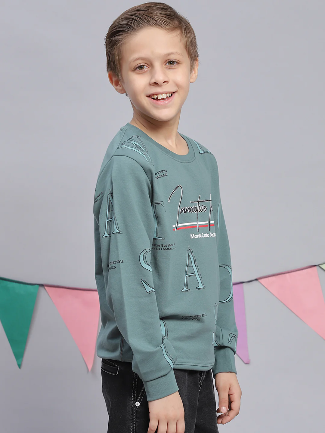 Boys Green Printed Round Neck Full Sleeve Sweatshirt - Image 4