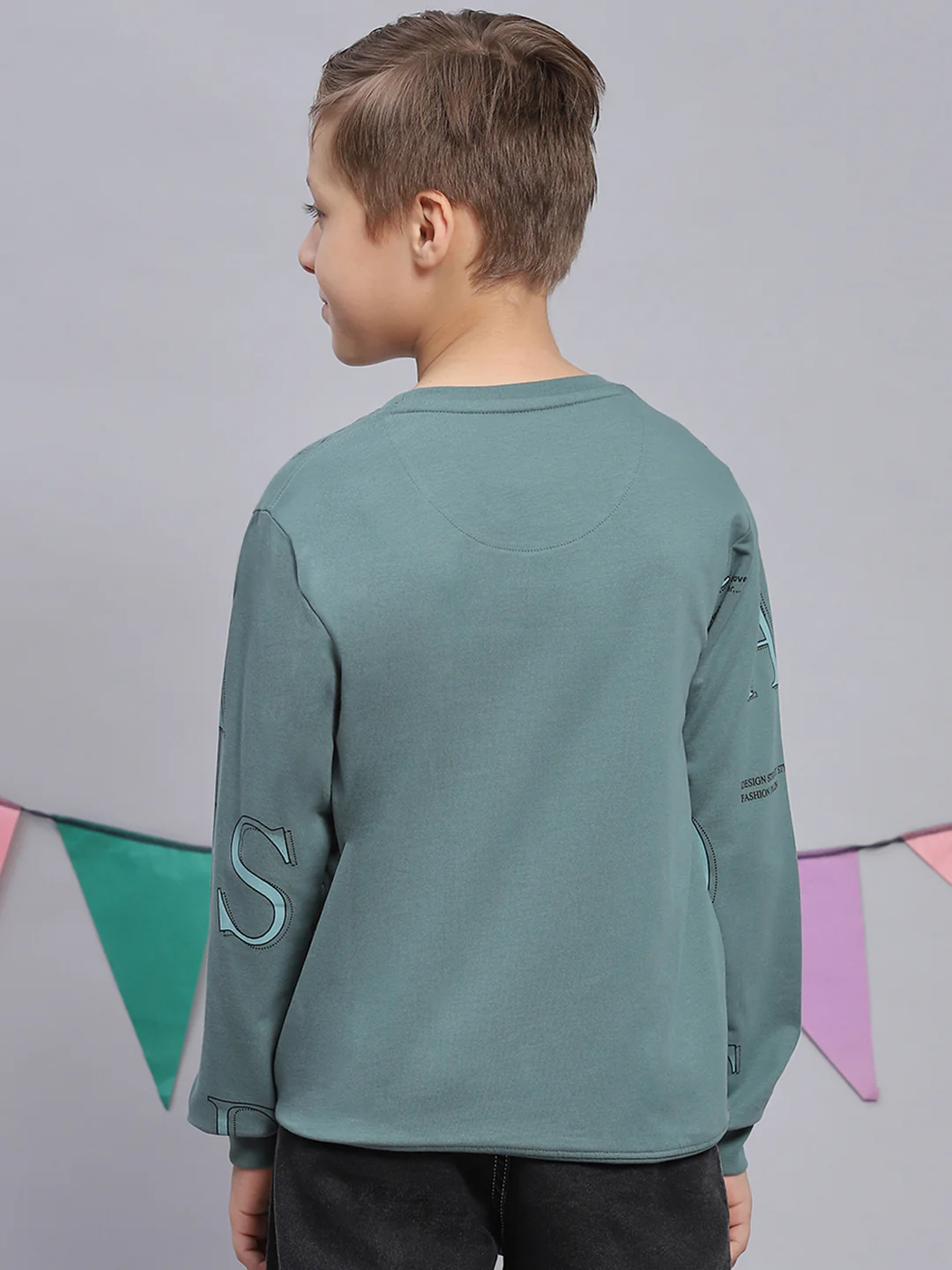 Boys Green Printed Round Neck Full Sleeve Sweatshirt - Image 5