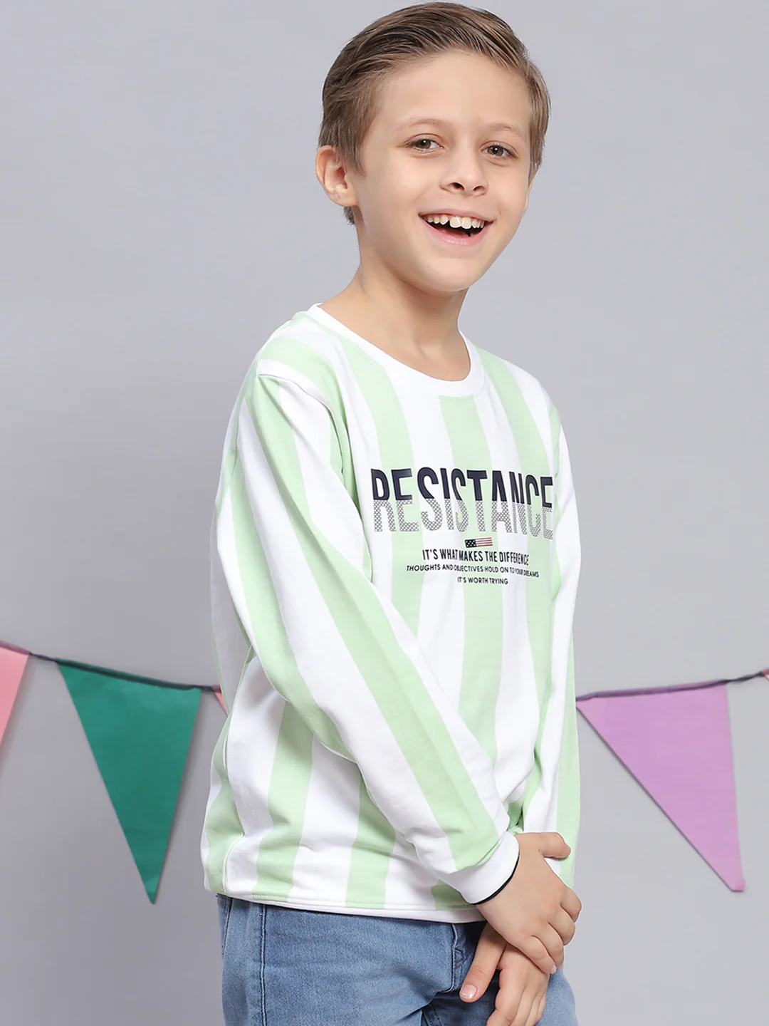 Boys Green Printed Round Neck Full Sleeve Sweatshirt - Image 4