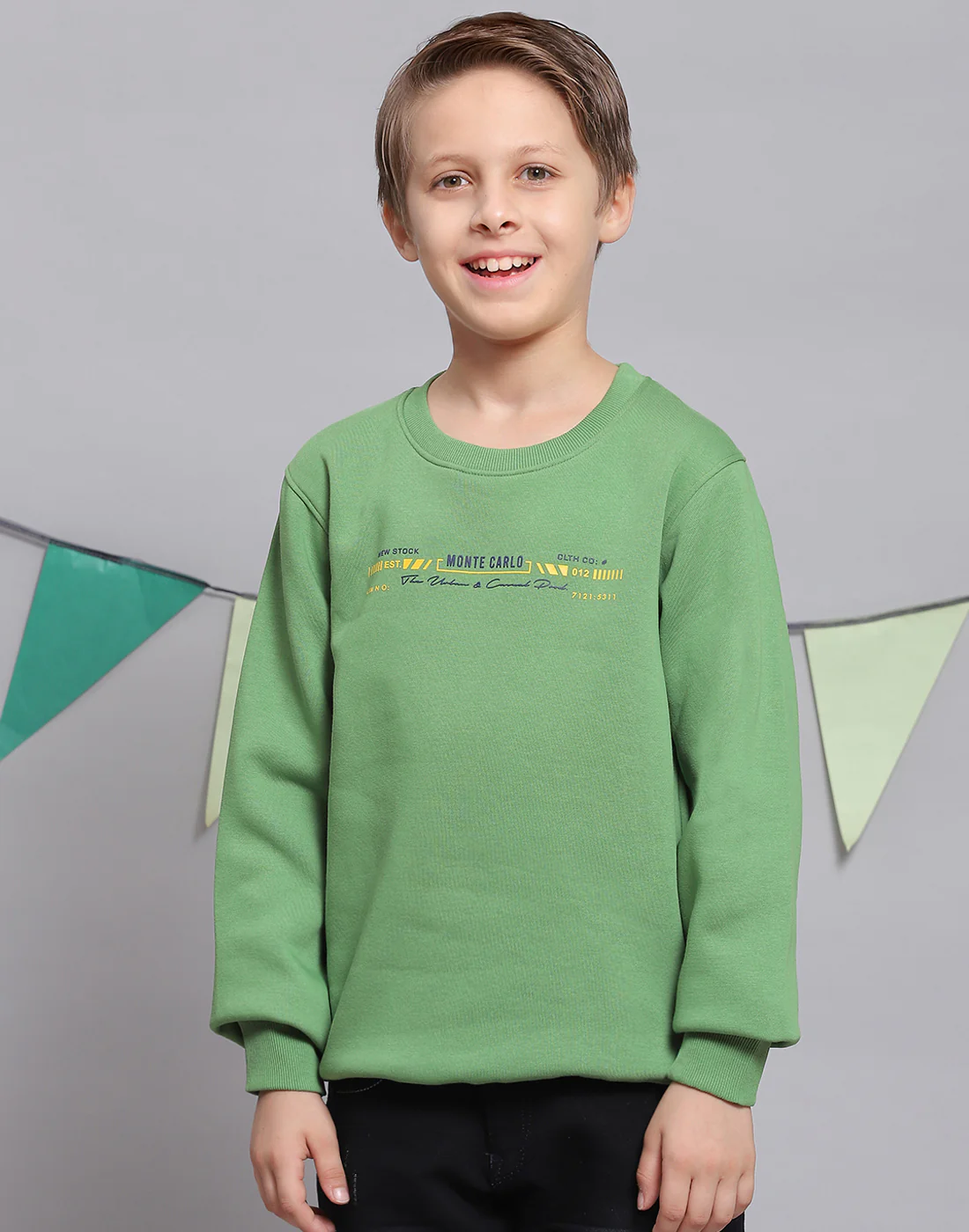 Boys Green Printed Round Neck Full Sleeve Sweatshirt - Image 3