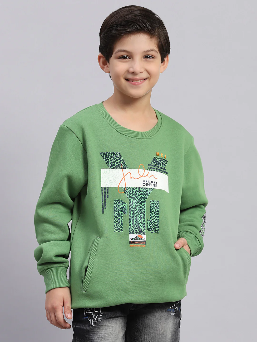 Boys Green Printed Round Neck Full Sleeve Sweatshirt - Image 2