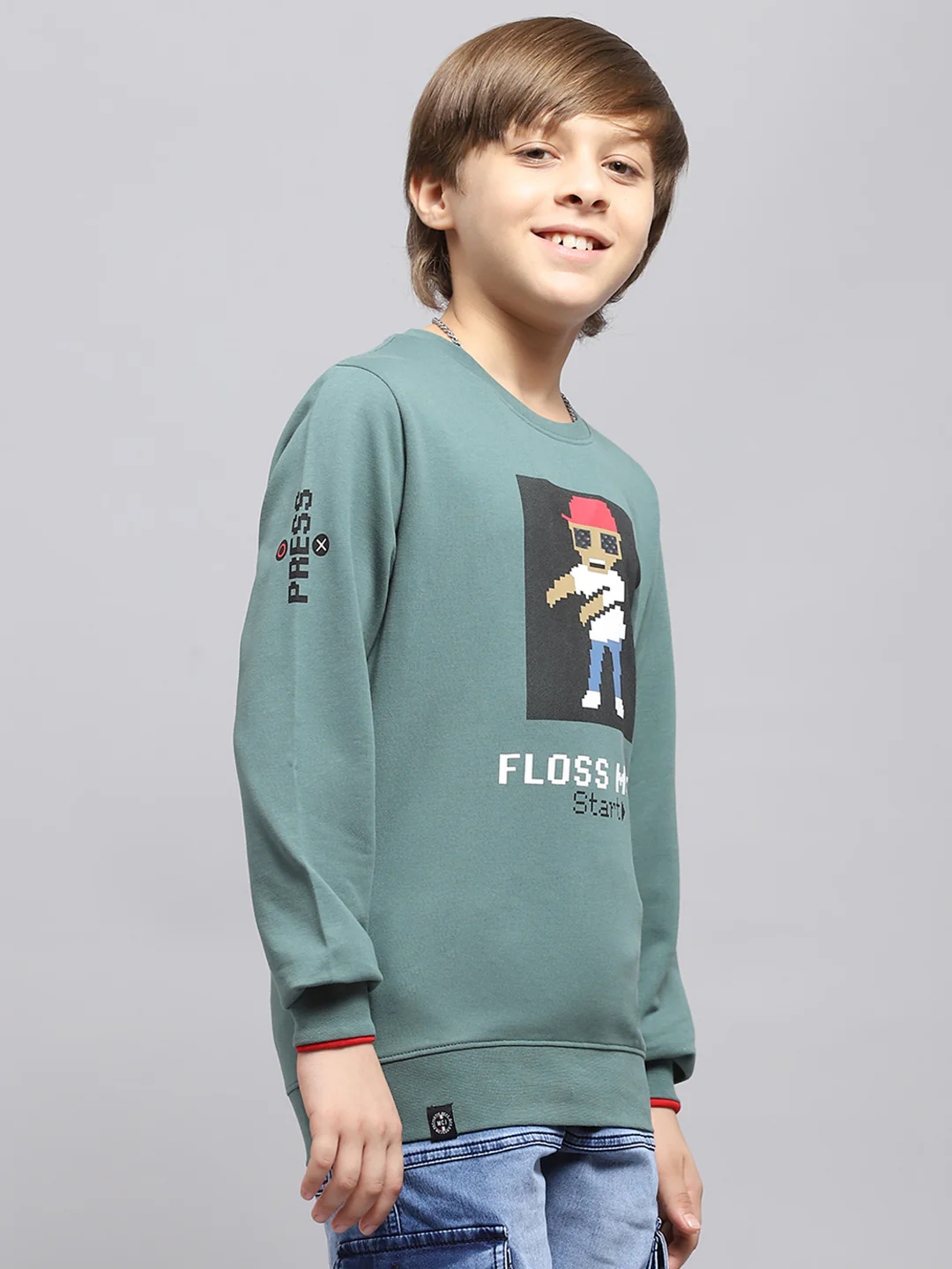 Boys Green Printed Round Neck Full Sleeve Sweatshirt - Image 4
