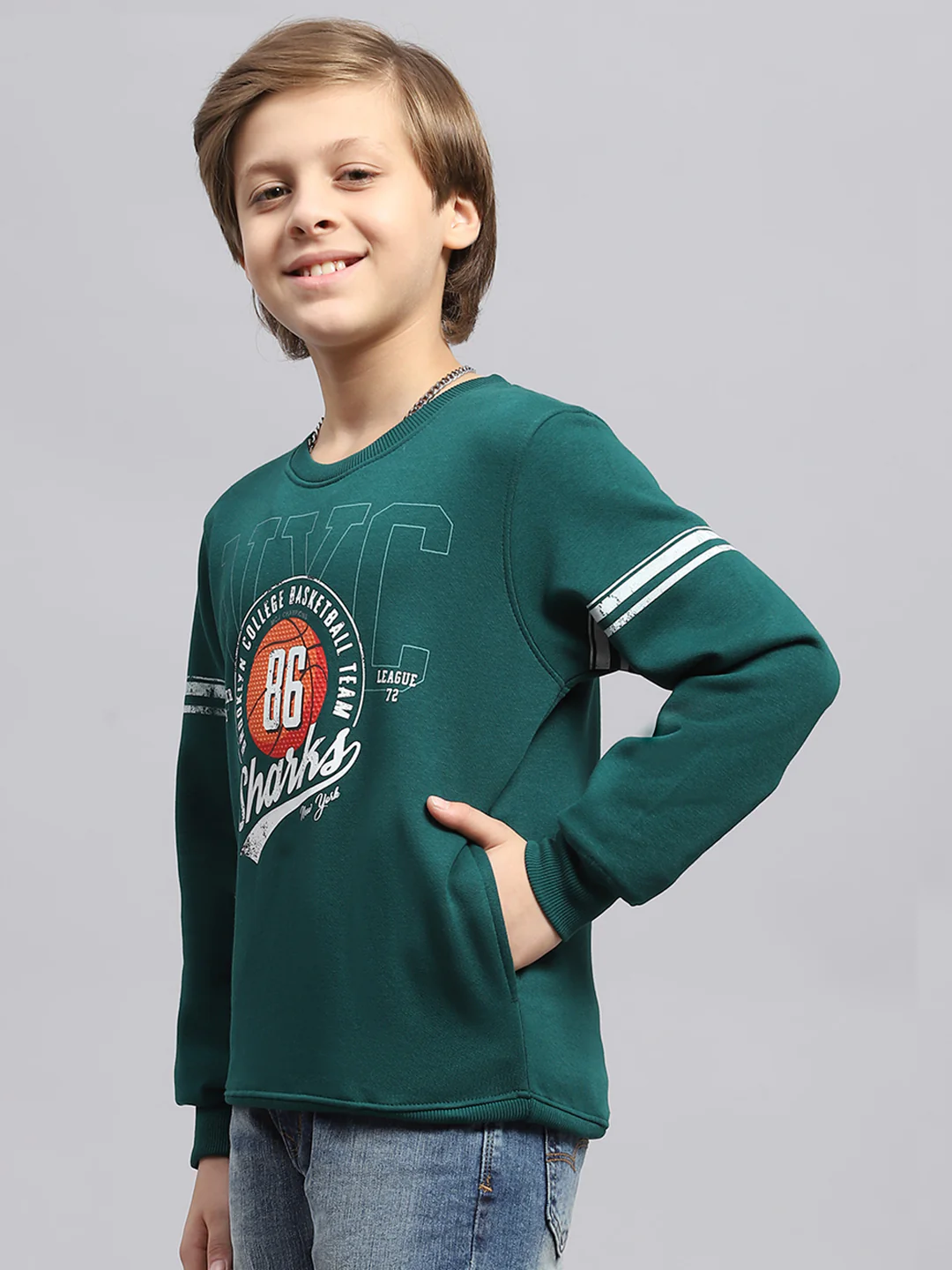 Boys Green Printed Round Neck Full Sleeve Sweatshirt - Image 3