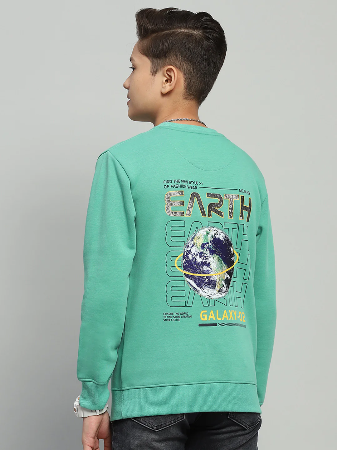 Boys Green Printed Round Neck Full Sleeve Sweatshirt - Image 5