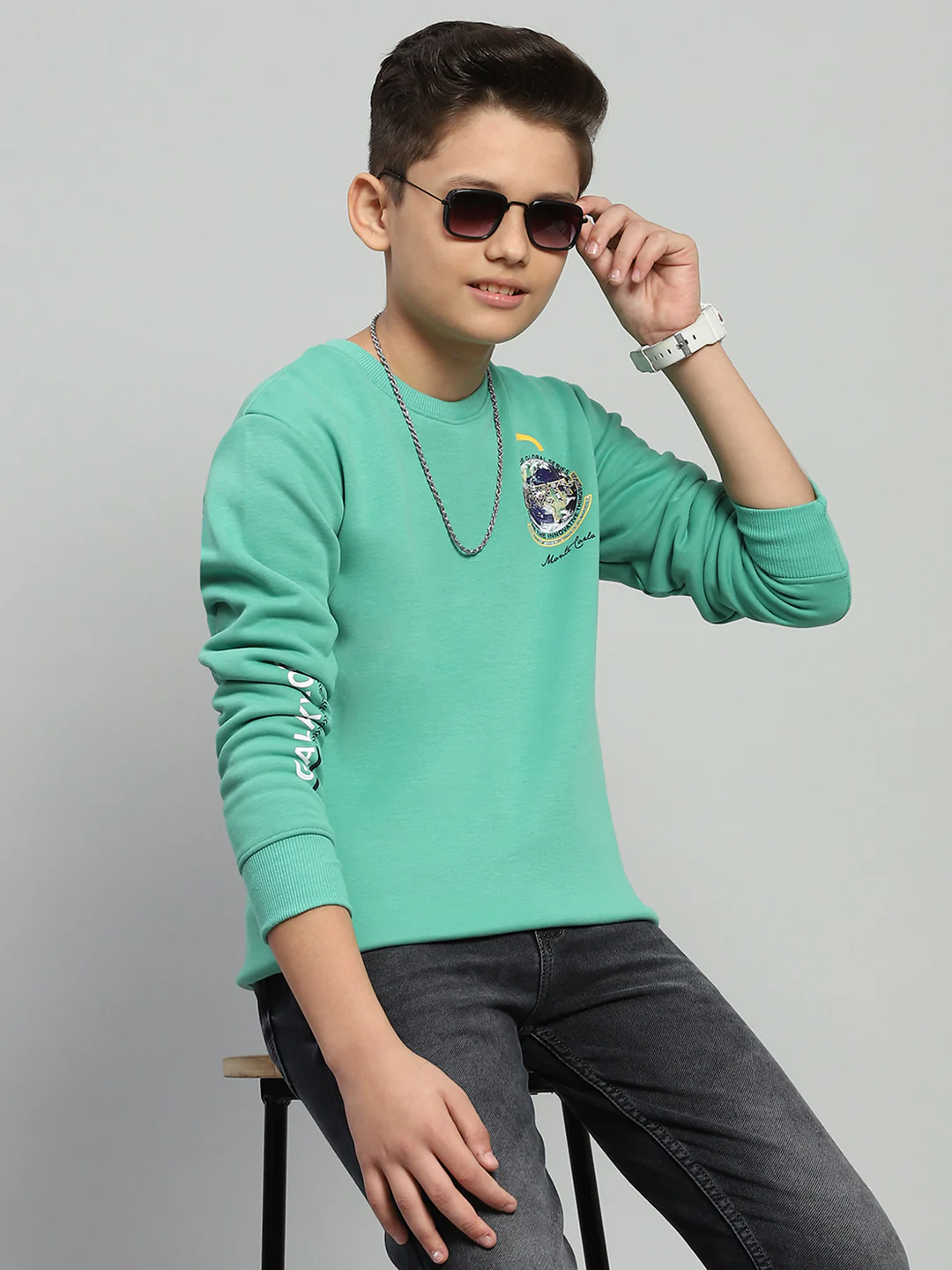 Boys Green Printed Round Neck Full Sleeve Sweatshirt - Image 6