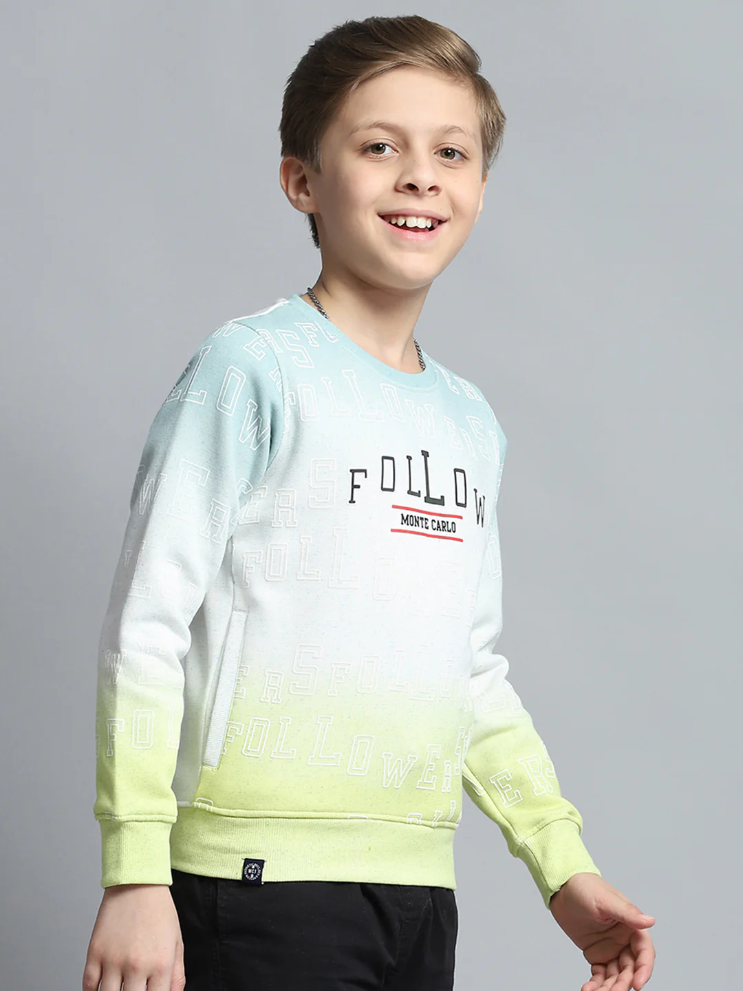 Boys Green Printed Round Neck Full Sleeve Sweatshirt - Image 4