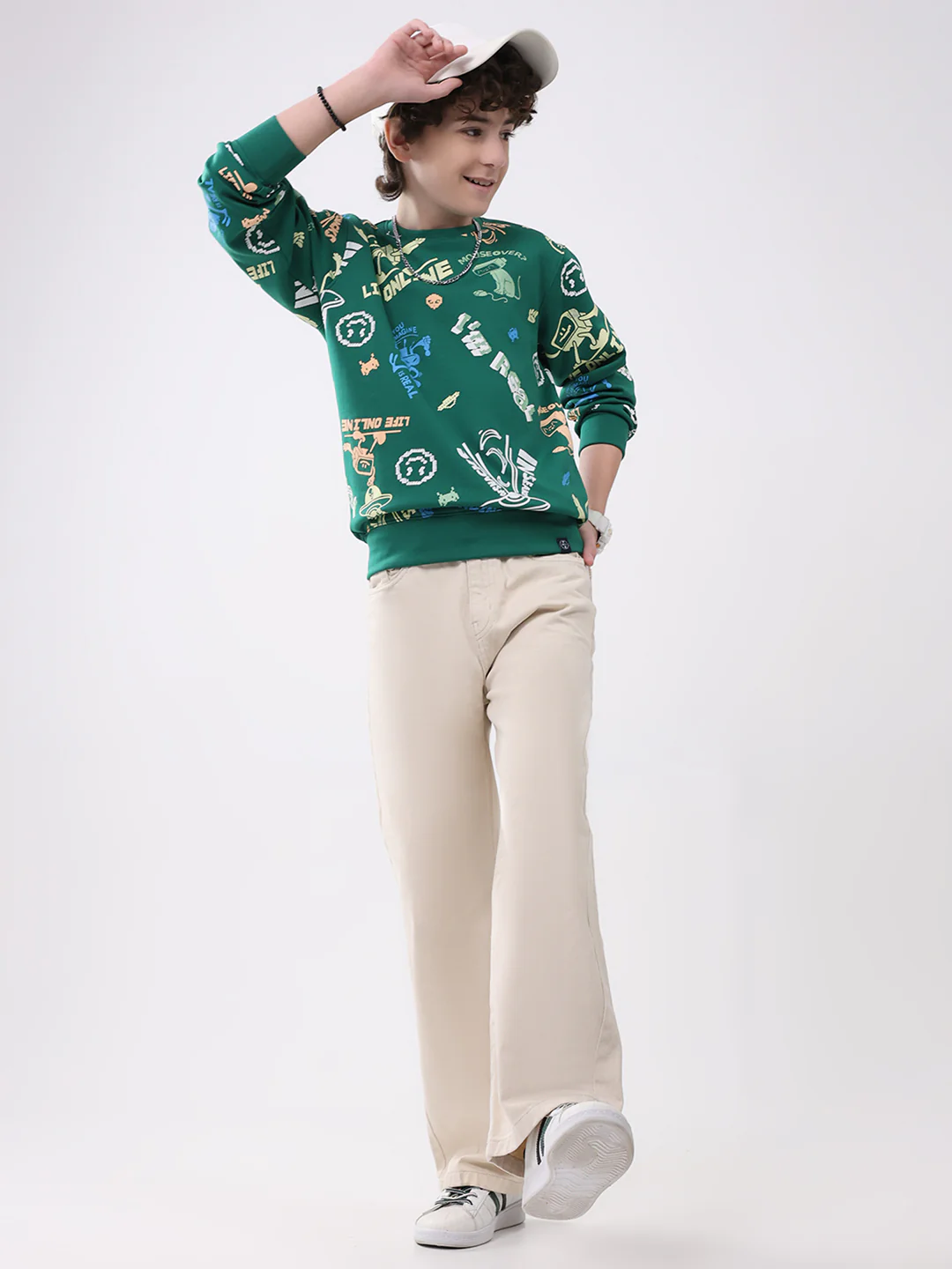Boys Green Printed Round Neck Full Sleeve Sweatshirt - Image 2