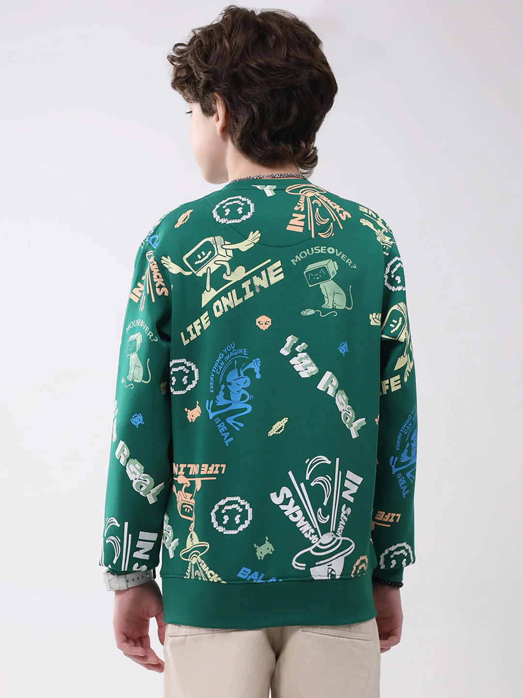 Boys Green Printed Round Neck Full Sleeve Sweatshirt - Image 5