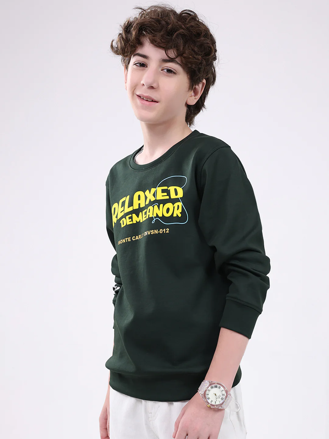 Boys Green Printed Round Neck Full Sleeve Sweatshirt - Image 3