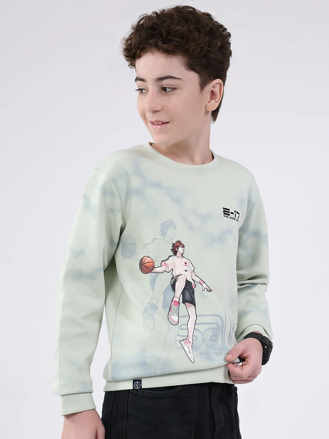Boys Green Printed Round Neck Full Sleeve Sweatshirt - Image 4