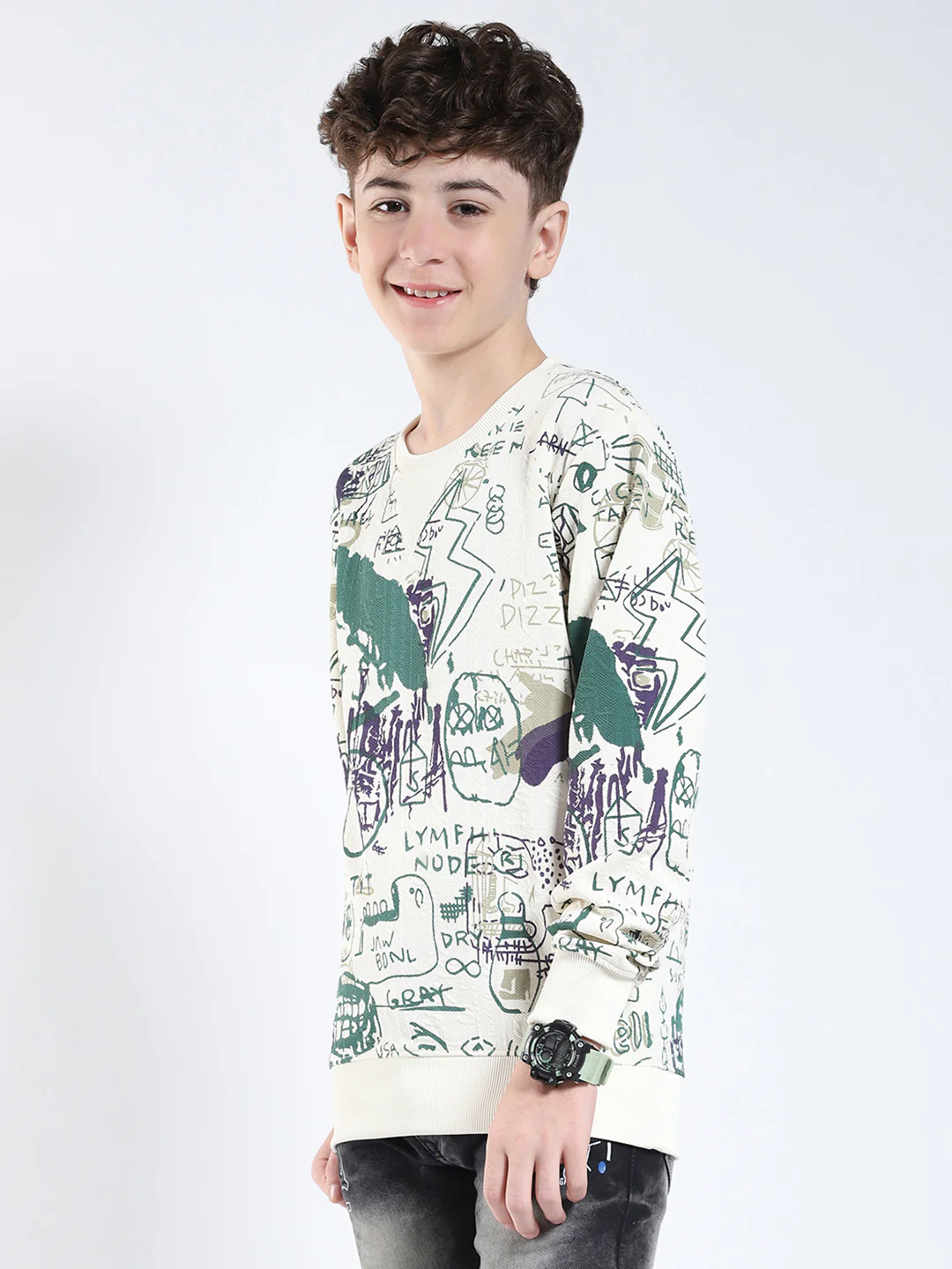 Boys Green Printed Round Neck Full Sleeve Sweatshirt - Image 3