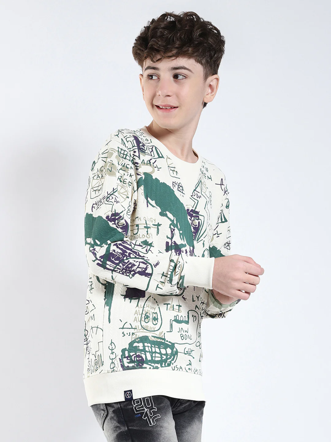 Boys Green Printed Round Neck Full Sleeve Sweatshirt - Image 4