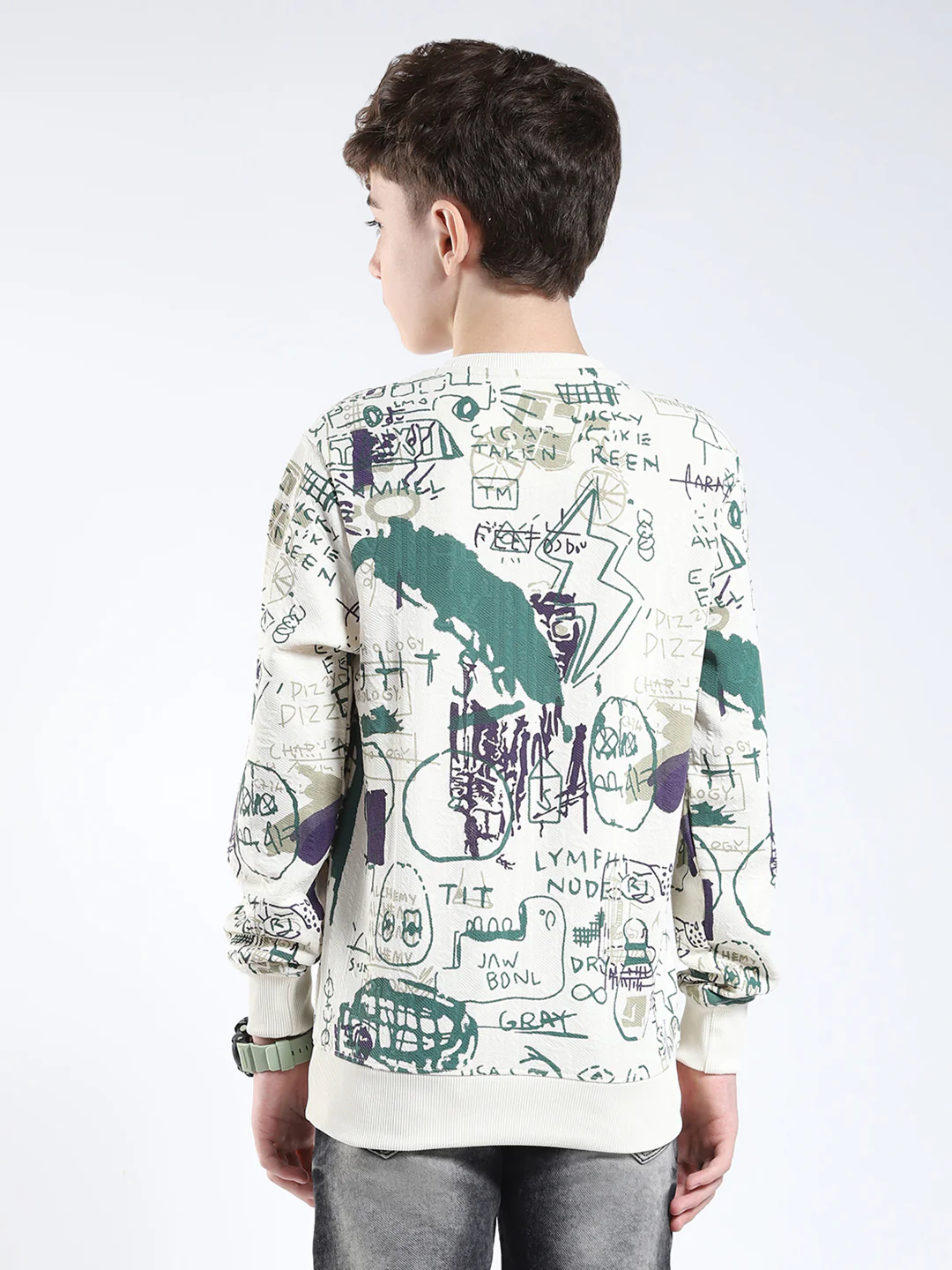 Boys Green Printed Round Neck Full Sleeve Sweatshirt - Image 5