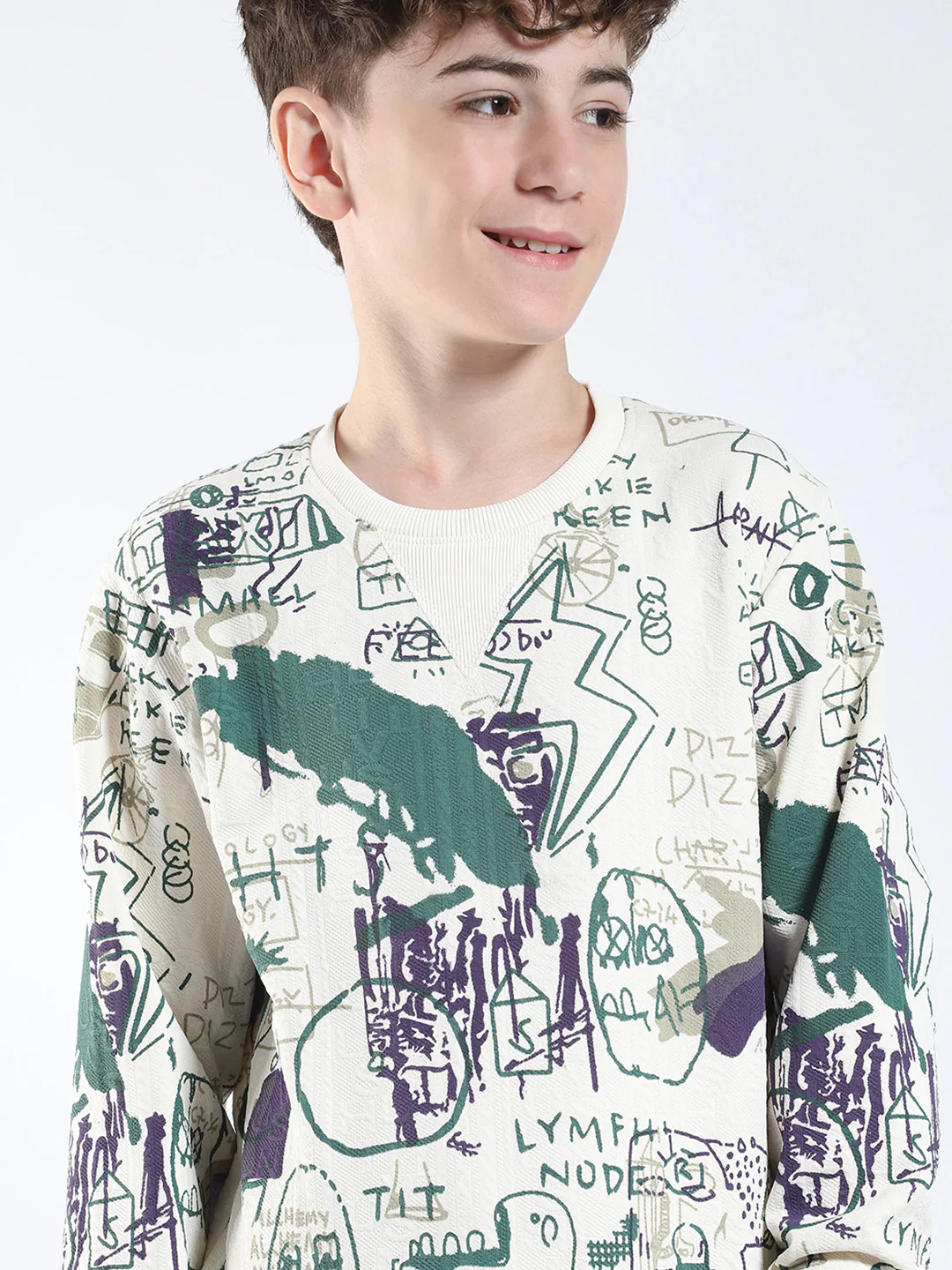 Boys Green Printed Round Neck Full Sleeve Sweatshirt - Image 7