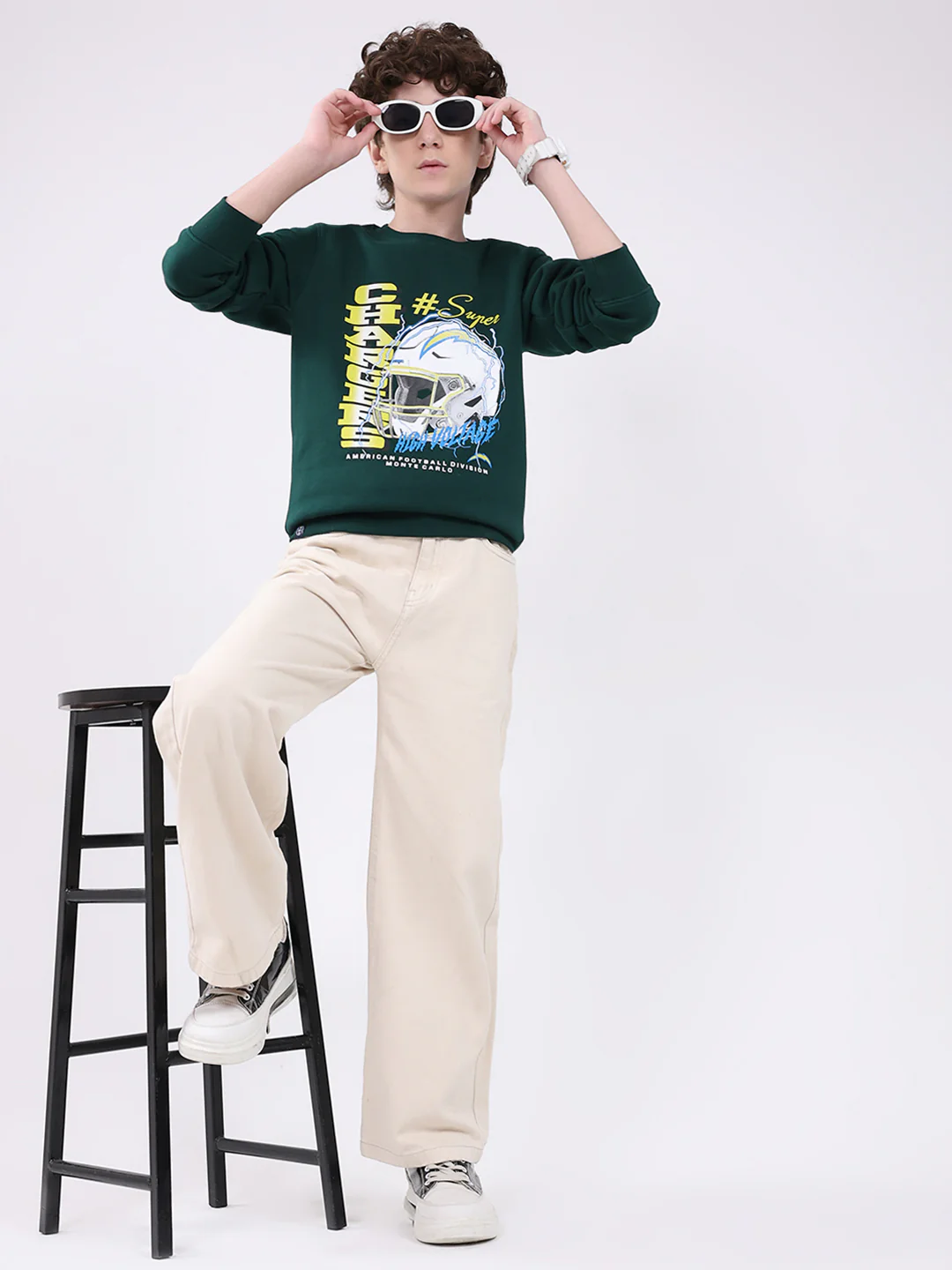 Boys Green Printed Round Neck Full Sleeve Sweatshirt - Image 2
