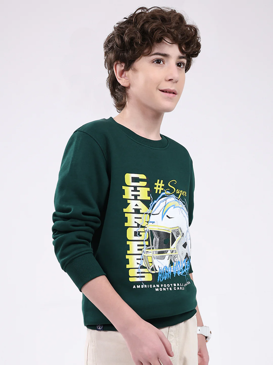 Boys Green Printed Round Neck Full Sleeve Sweatshirt - Image 4