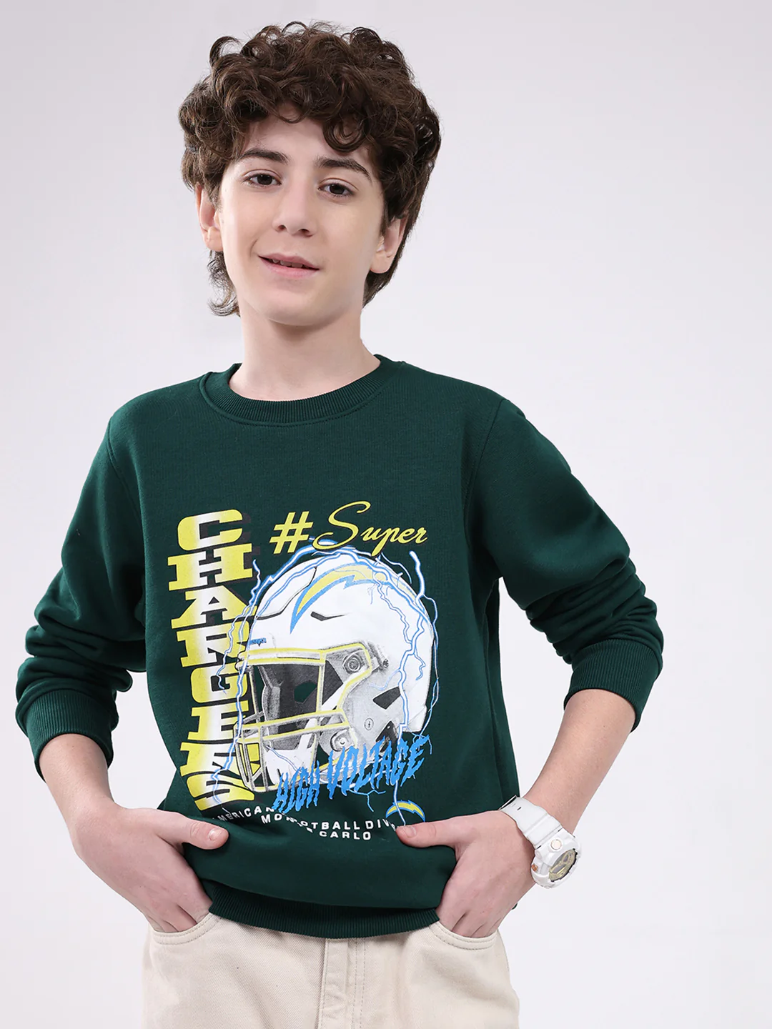 Boys Green Printed Round Neck Full Sleeve Sweatshirt - Image 7
