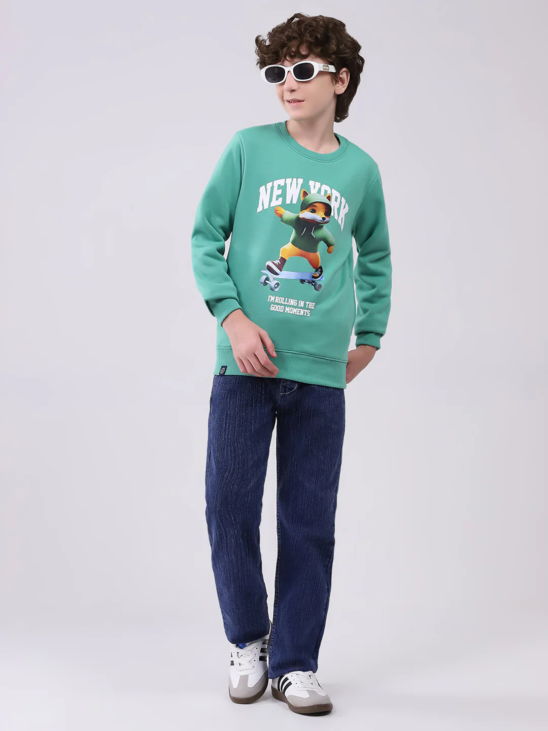 Boys Green Printed Round Neck Full Sleeve Sweatshirt - Image 2