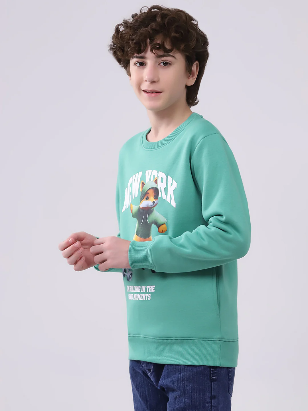 Boys Green Printed Round Neck Full Sleeve Sweatshirt - Image 3