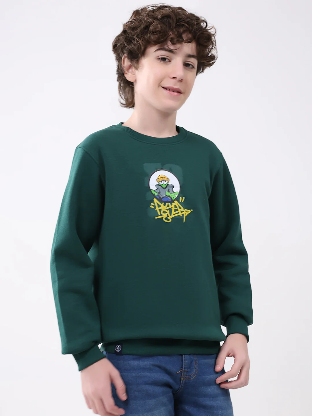 Boys Green Printed Round Neck Full Sleeve Sweatshirt - Image 4