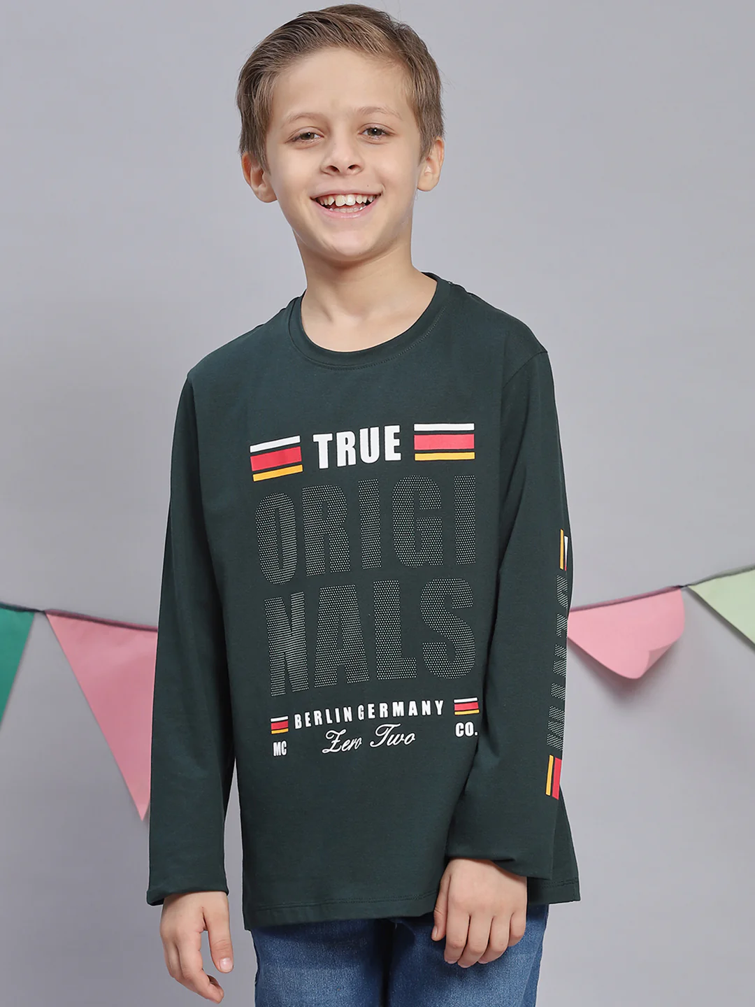 Boys Green Printed Round Neck Full Sleeve T-Shirts - Image 2